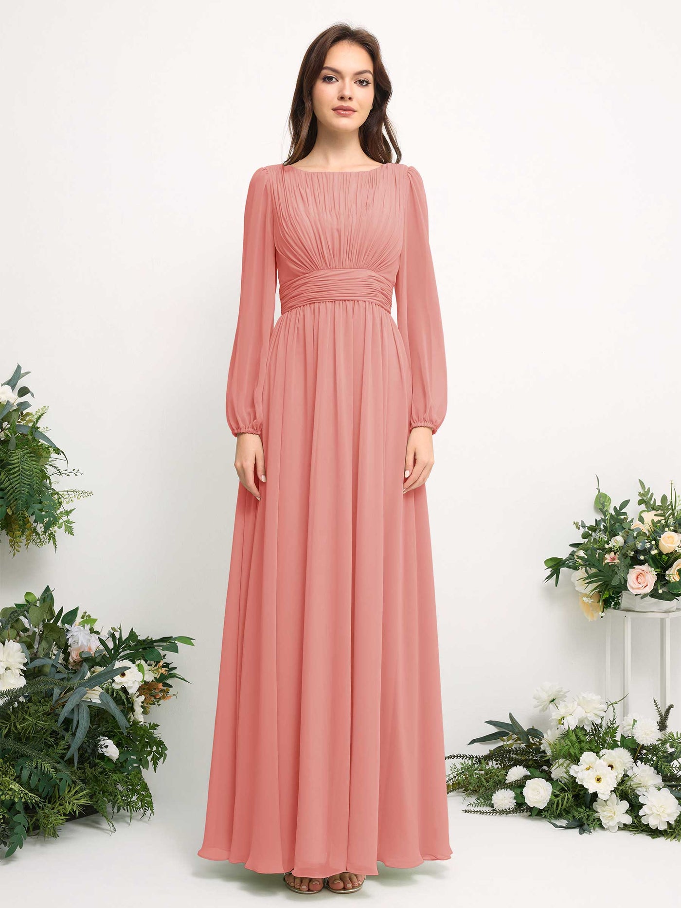 Carlyna Vestido línea A de gasa escote bandeja manga larga para dama de honor Rosa Melocotón #color_rosa-melocot-n