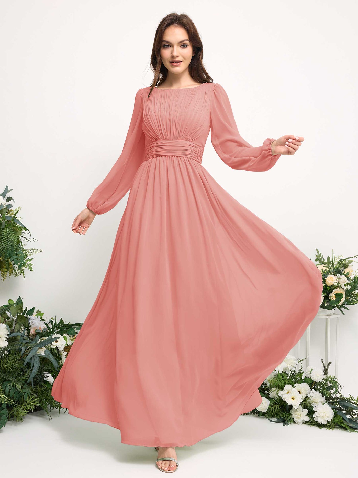Carlyna Vestido línea A de gasa escote bandeja manga larga para dama de honor Rosa Melocotón #color_rosa-melocot-n
