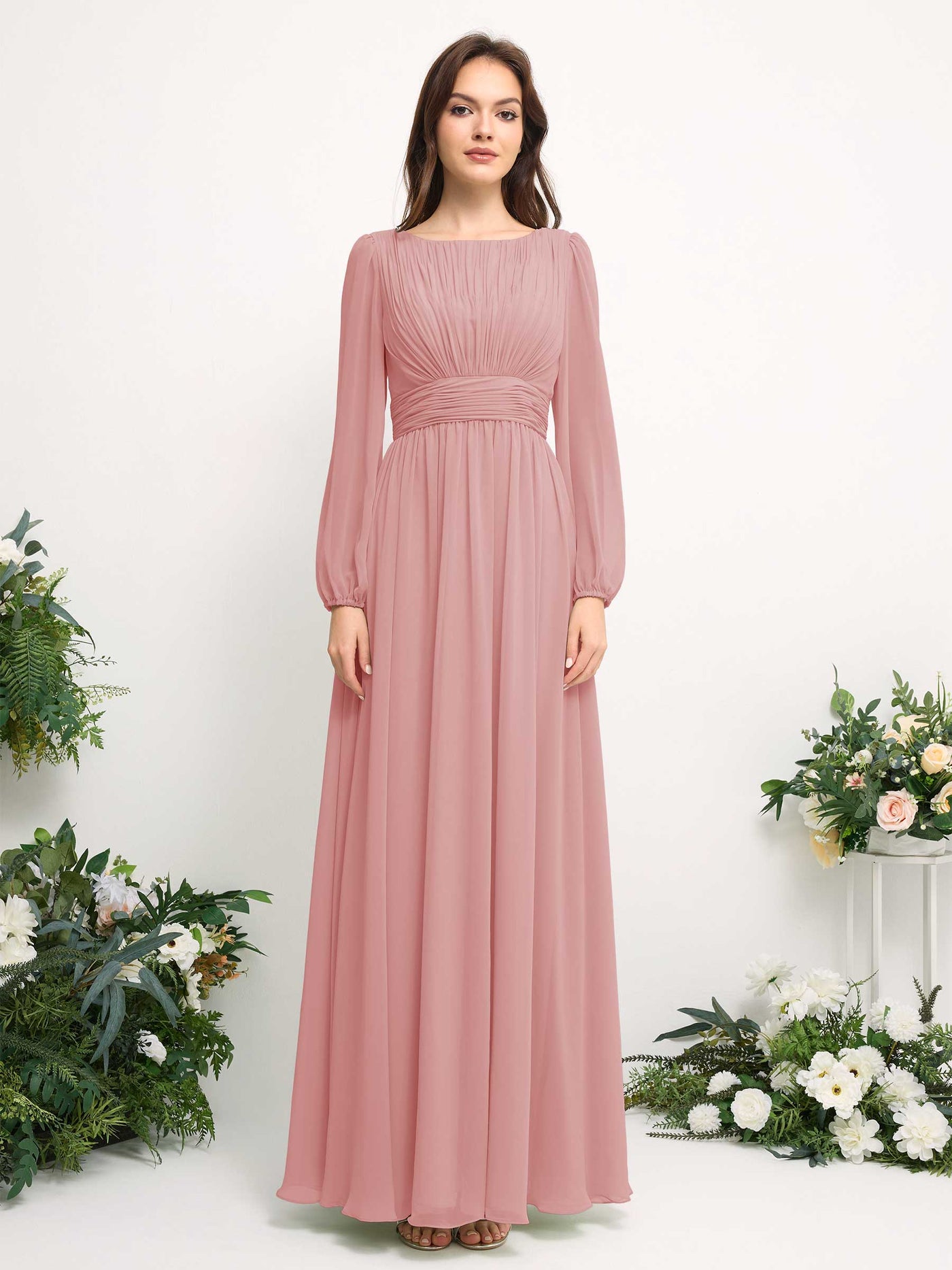 Carlyna Vestido línea A de gasa escote bandeja manga larga para dama de honor Rosa Polvorienta #color_rosa-polvorienta