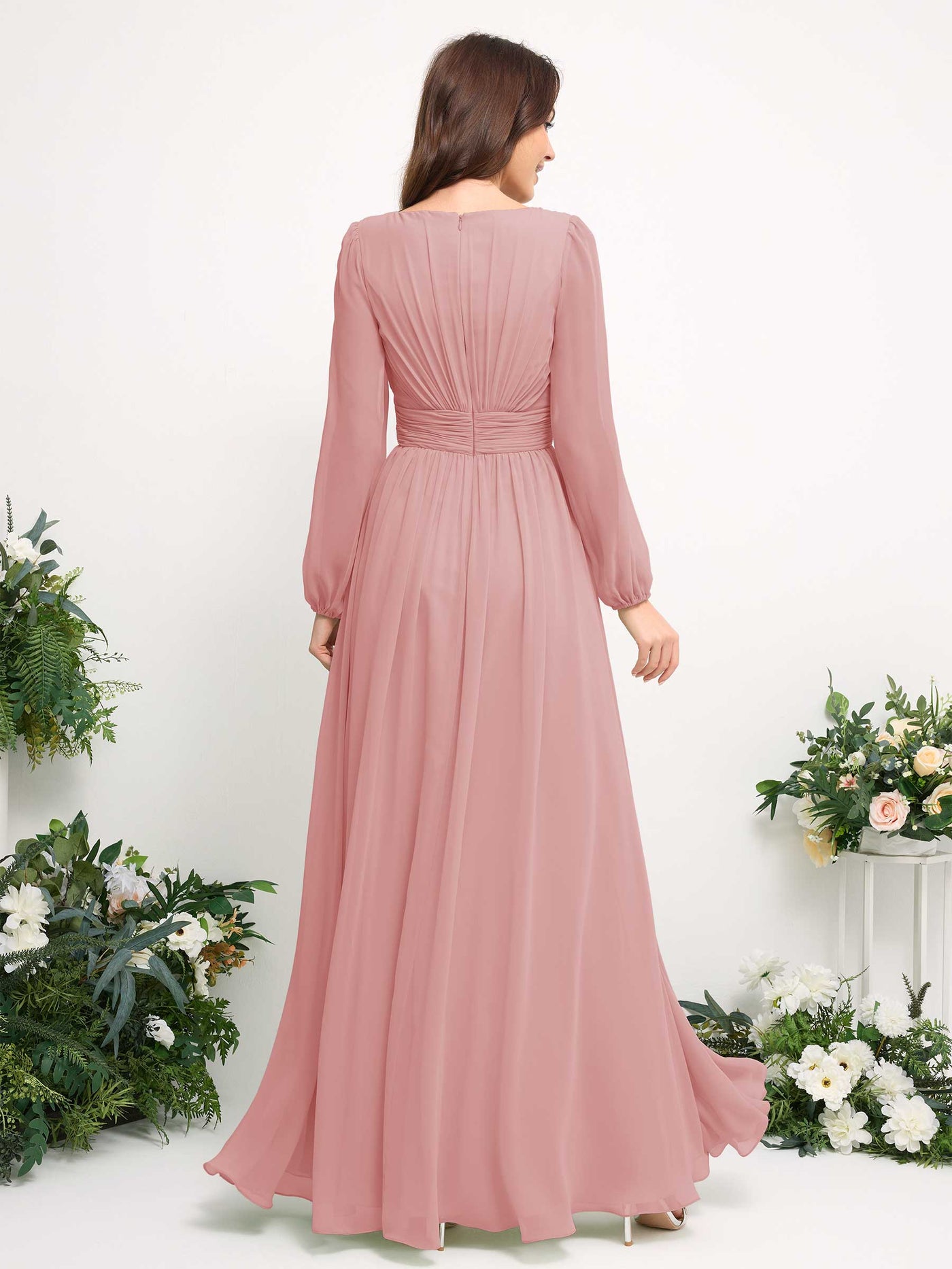 Carlyna Vestido línea A de gasa escote bandeja manga larga para dama de honor Rosa Polvorienta #color_rosa-polvorienta
