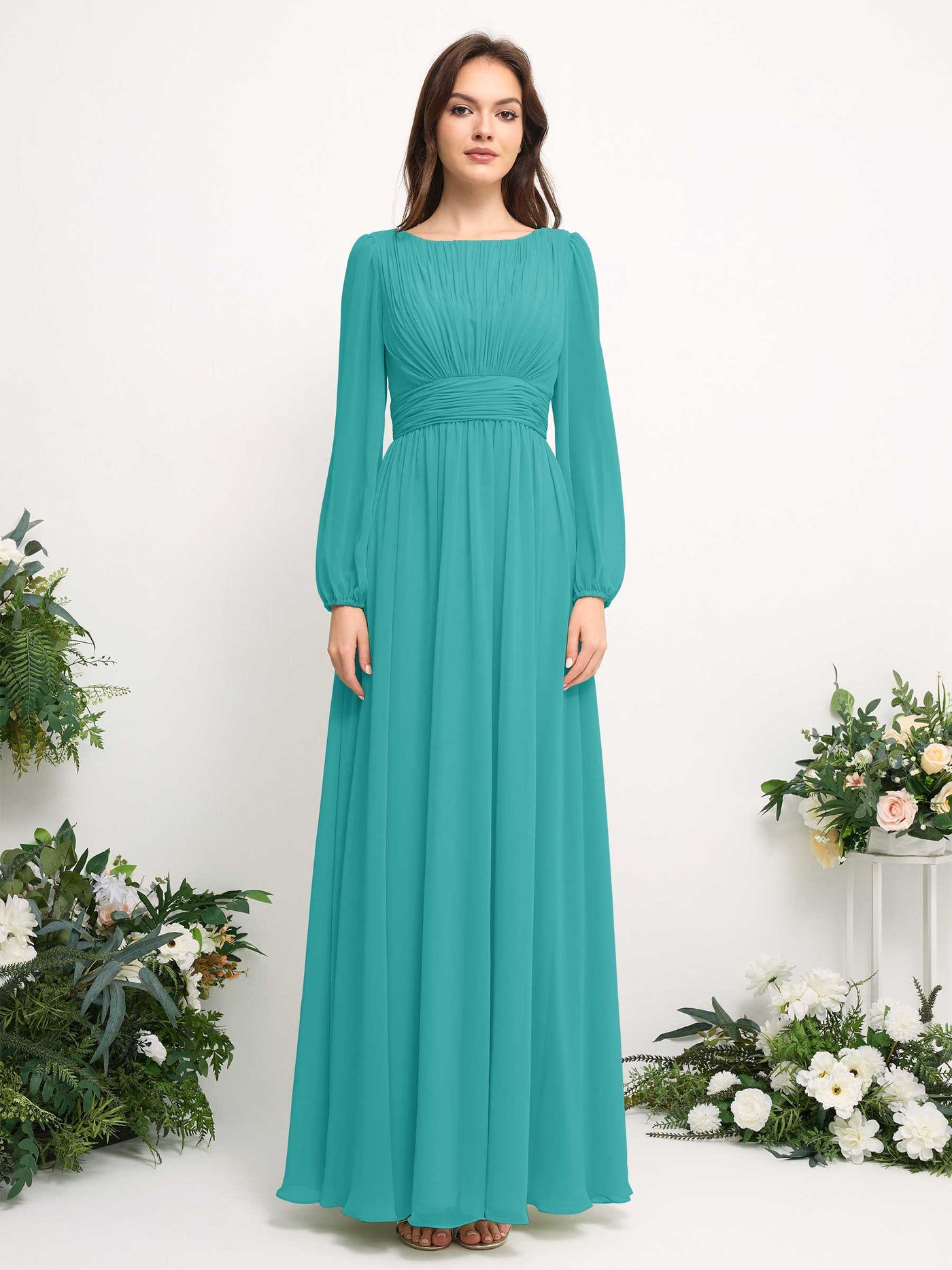 Carlyna Vestido línea A de gasa escote bandeja manga larga para dama de honor Turquesa #color_turquesa