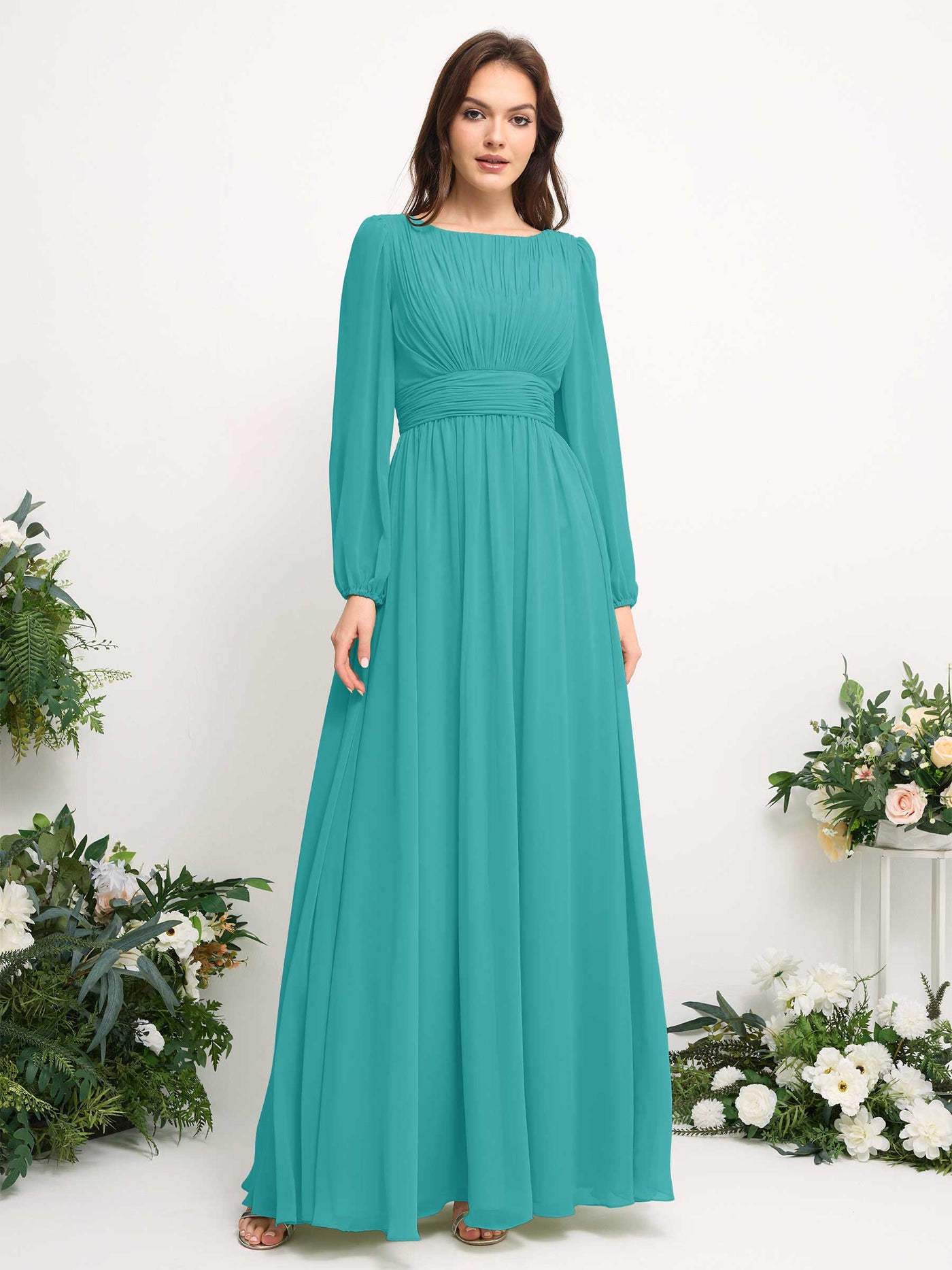 Carlyna Vestido línea A de gasa escote bandeja manga larga para dama de honor Turquesa #color_turquesa