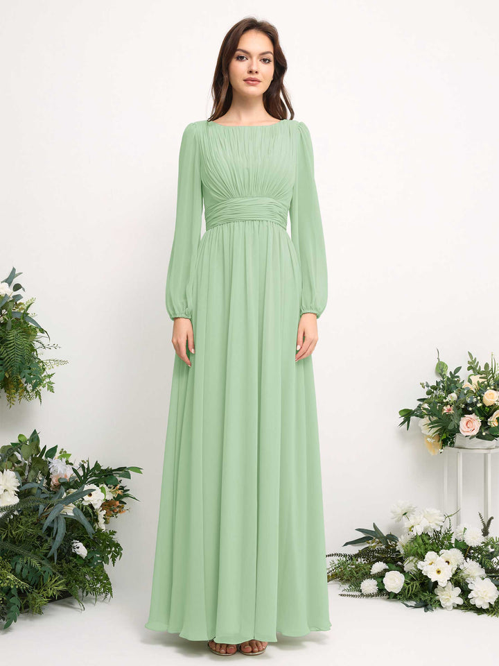 Carlyna Vestido línea A de gasa escote bandeja manga larga para dama de honor Verde Menta 