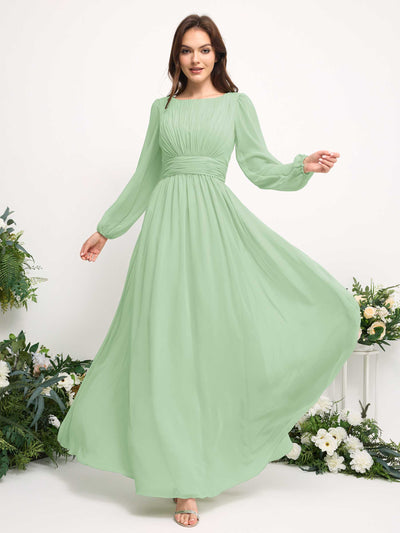 Carlyna Vestido línea A de gasa escote bandeja manga larga para dama de honor Verde Menta #color_verde-menta