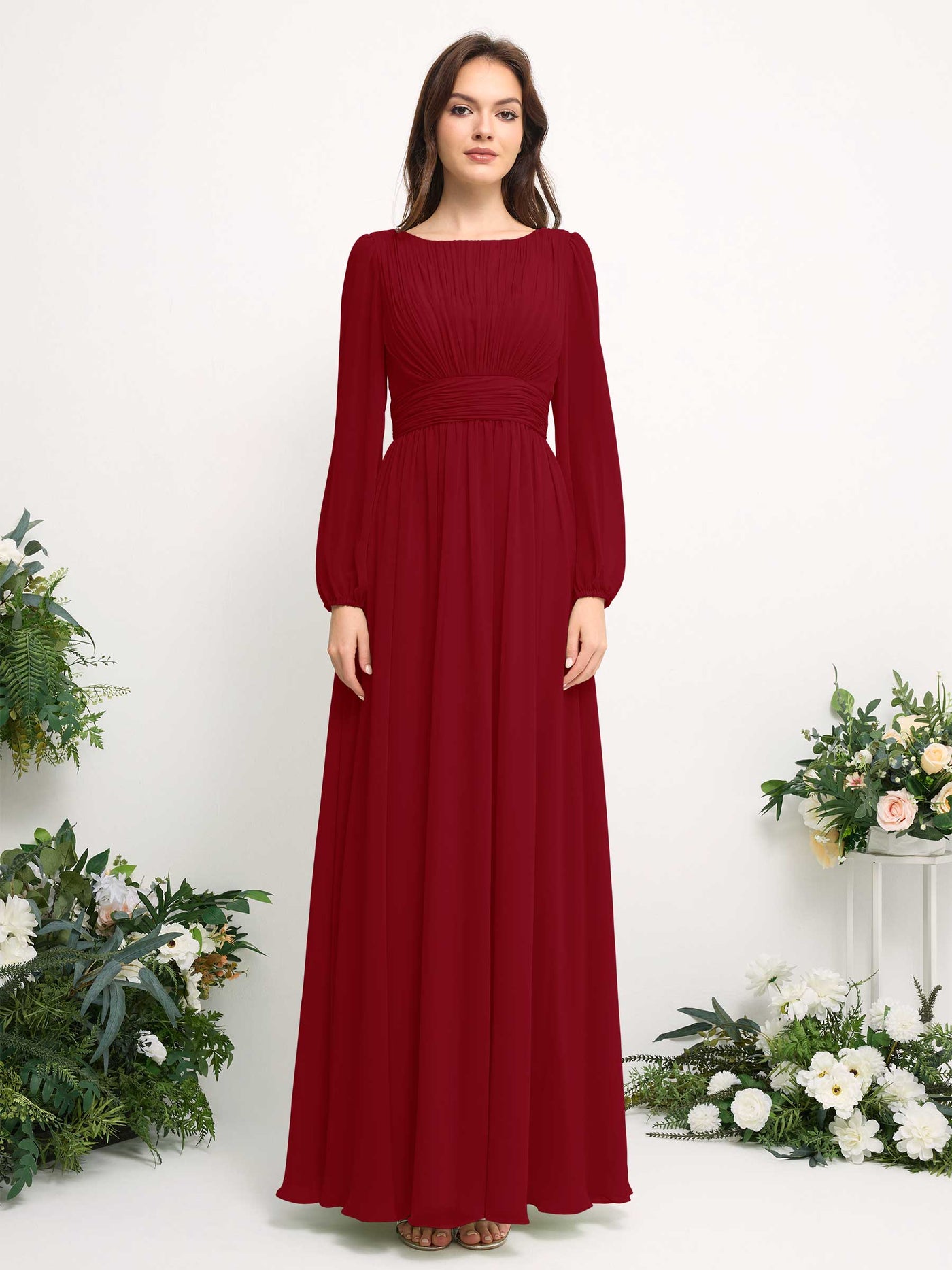 Carlyna Vestido línea A de gasa escote bandeja manga larga para dama de honor Óxido #color_xido