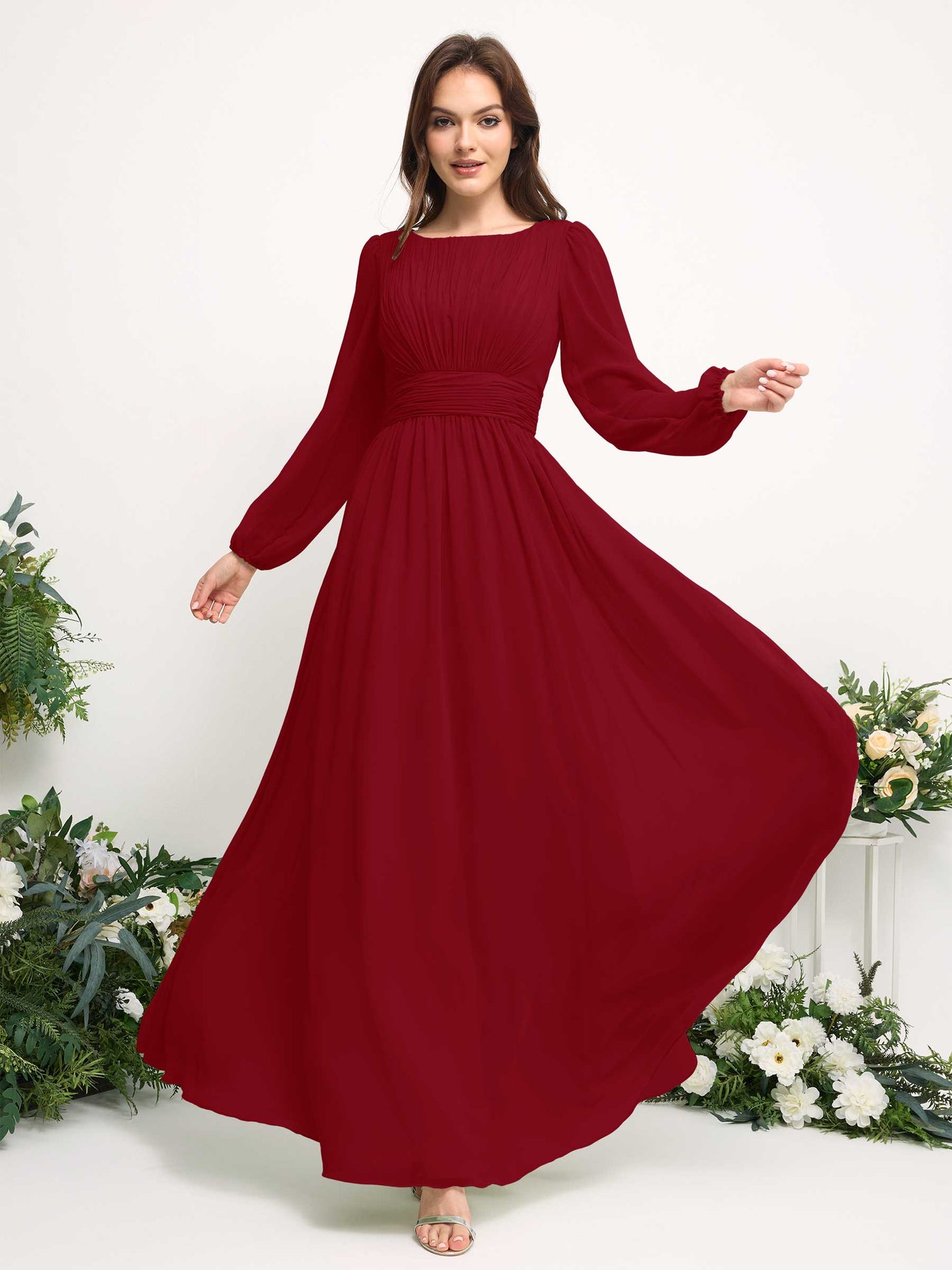 Carlyna Vestido línea A de gasa escote bandeja manga larga para dama de honor Óxido #color_xido