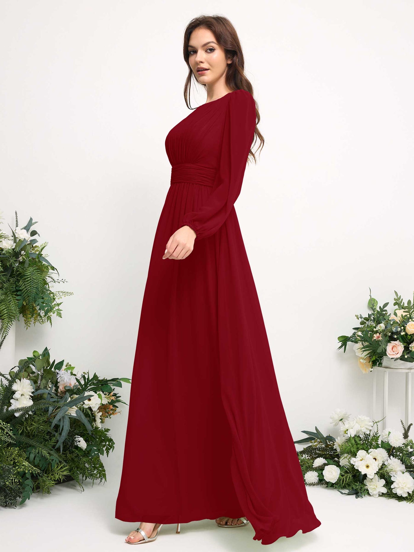 Carlyna Vestido línea A de gasa escote bandeja manga larga para dama de honor Óxido #color_xido