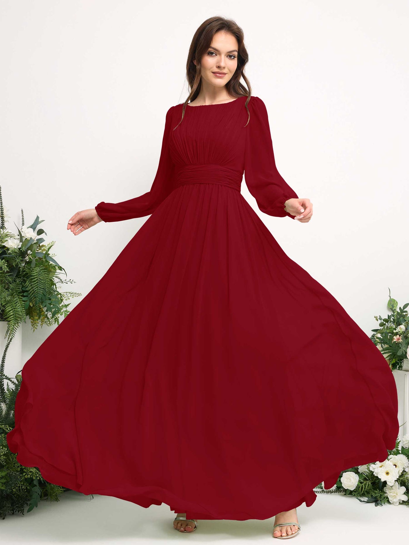 Carlyna Vestido línea A de gasa escote bandeja manga larga para dama de honor Óxido #color_xido