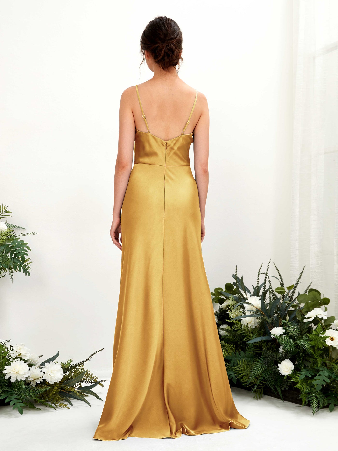 Carlyna Vestido línea A escote drapeado hasta el suelo dama de honor Amarillo Canario #color_amarillo-canario