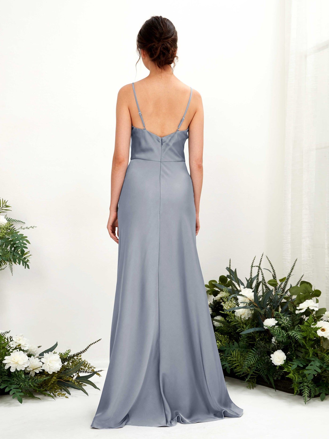 Carlyna Vestido línea A escote drapeado hasta el suelo dama de honor Azul Polvoriento #color_azul-polvoriento