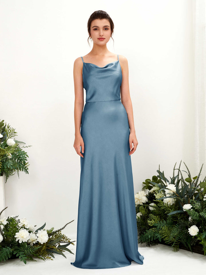 Carlyna Vestido línea A escote drapeado hasta el suelo dama de honor Azul Tinta 