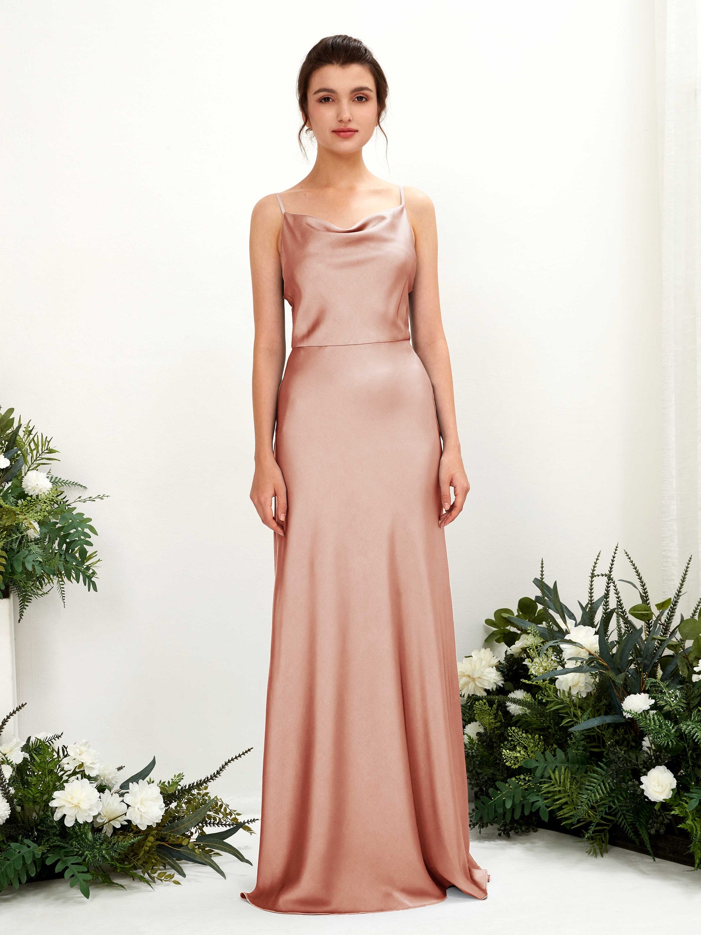 Carlyna Vestido línea A escote drapeado hasta el suelo dama de honor Cantalupo #color_cantalupo