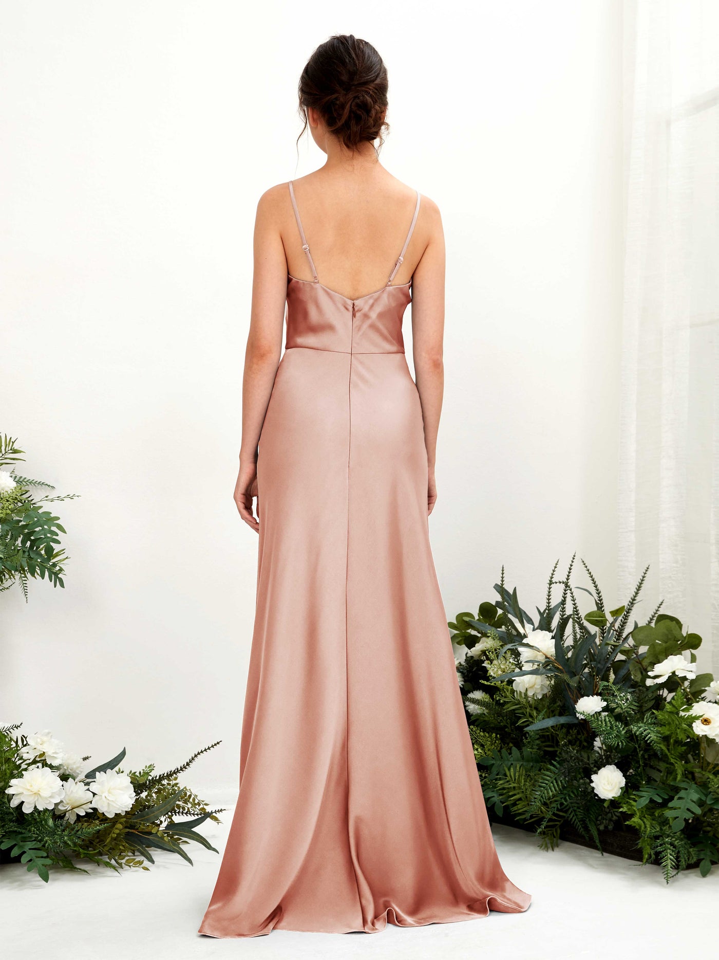 Carlyna Vestido línea A escote drapeado hasta el suelo dama de honor Cantalupo #color_cantalupo