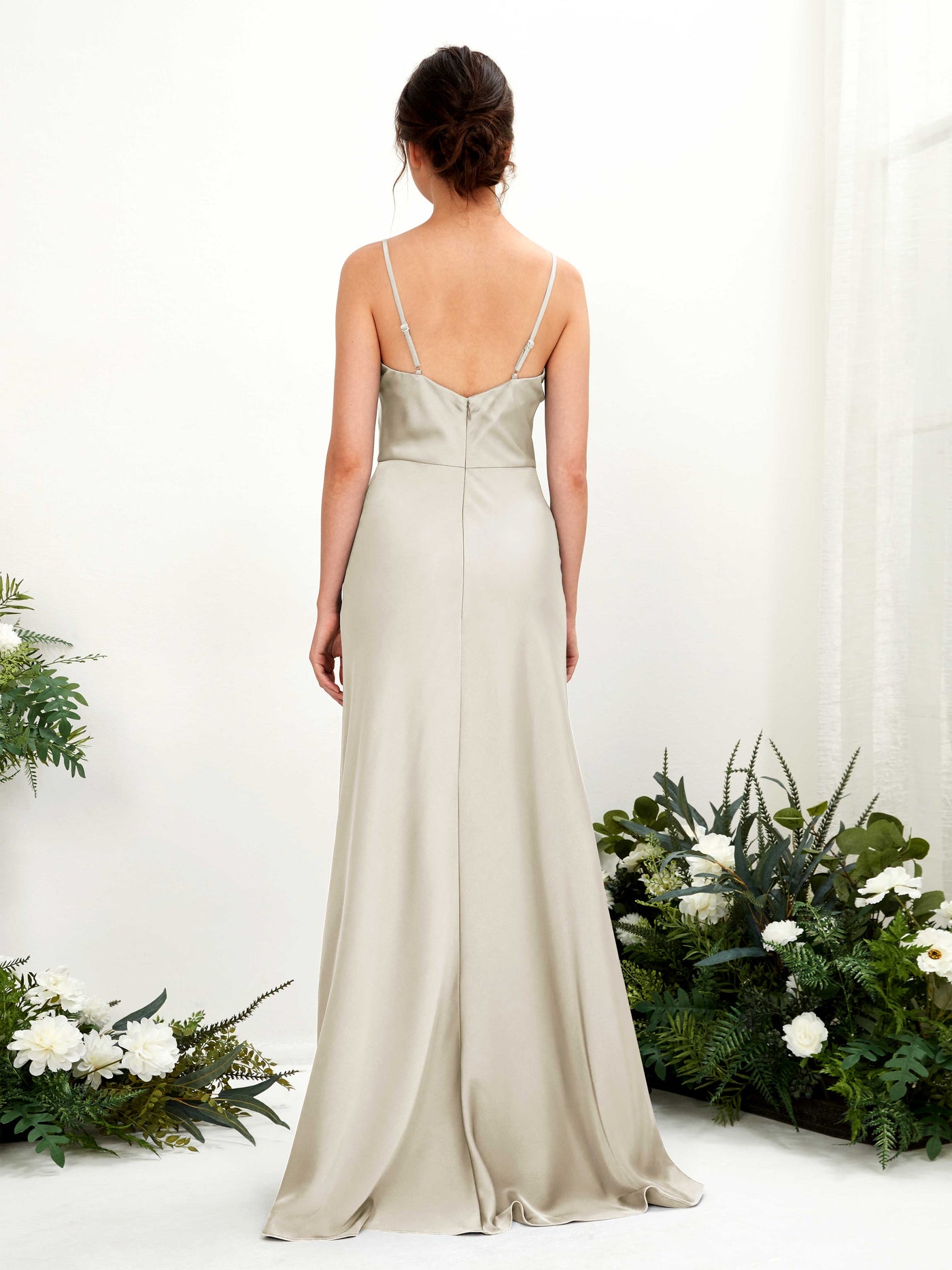 Carlyna Vestido línea A escote drapeado hasta el suelo dama de honor Champán #color_champ-n
