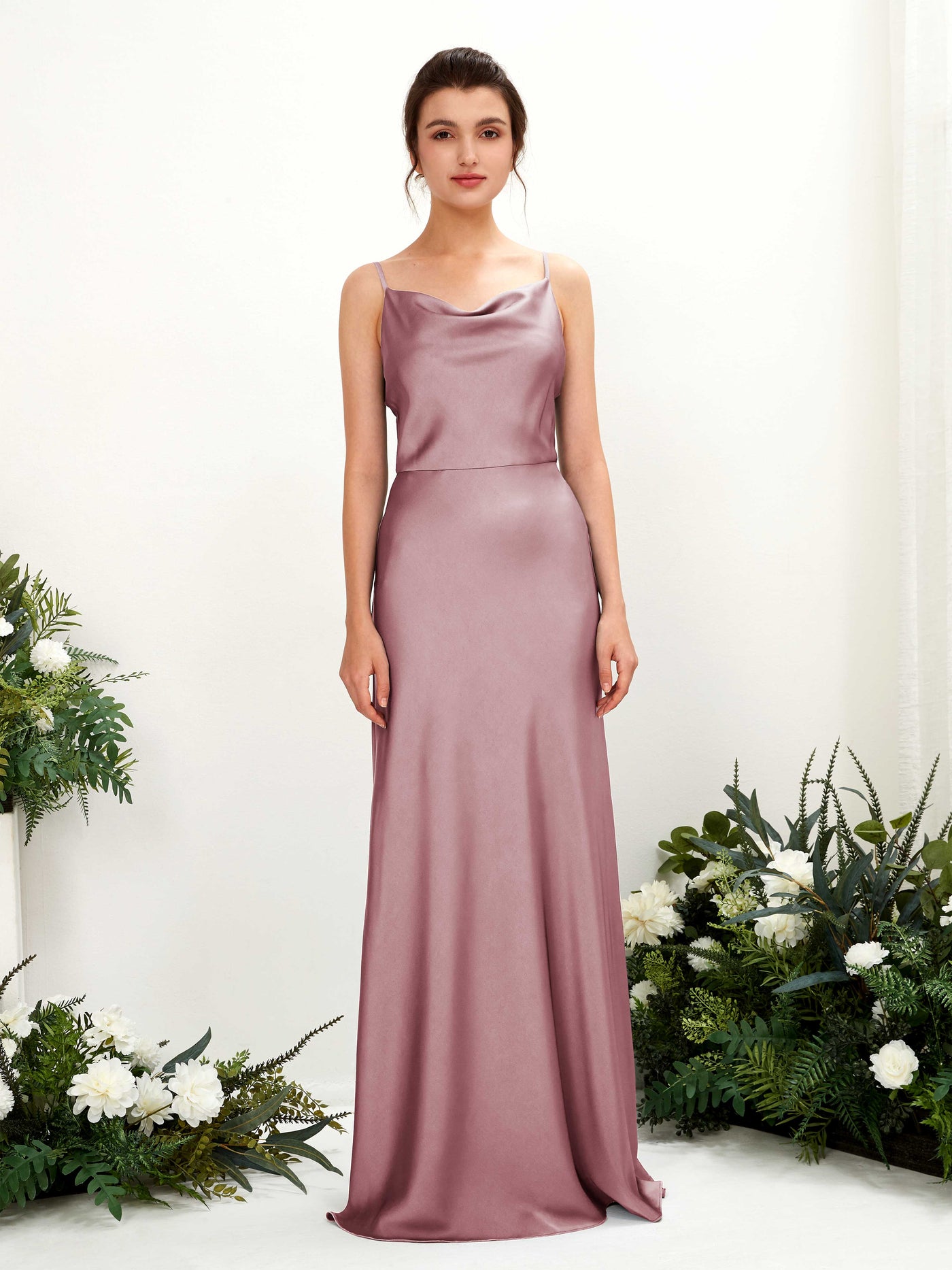 Carlyna Vestido línea A escote drapeado hasta el suelo dama de honor Cuarzo Rosa #color_cuarzo-rosa