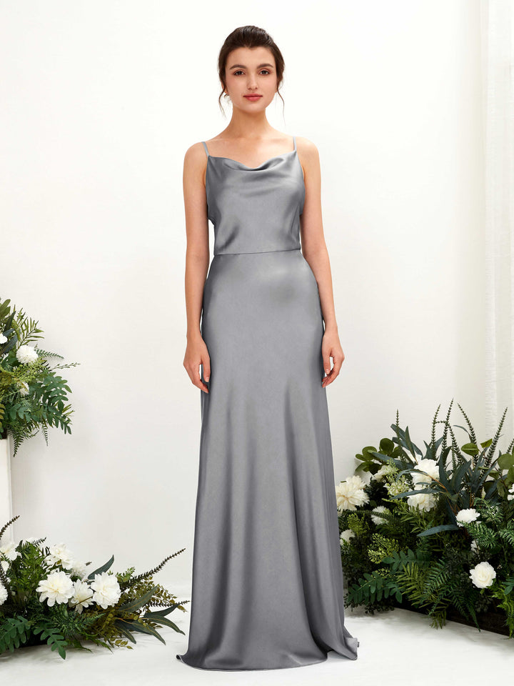 Carlyna Vestido línea A escote drapeado hasta el suelo dama de honor Gris Acero 