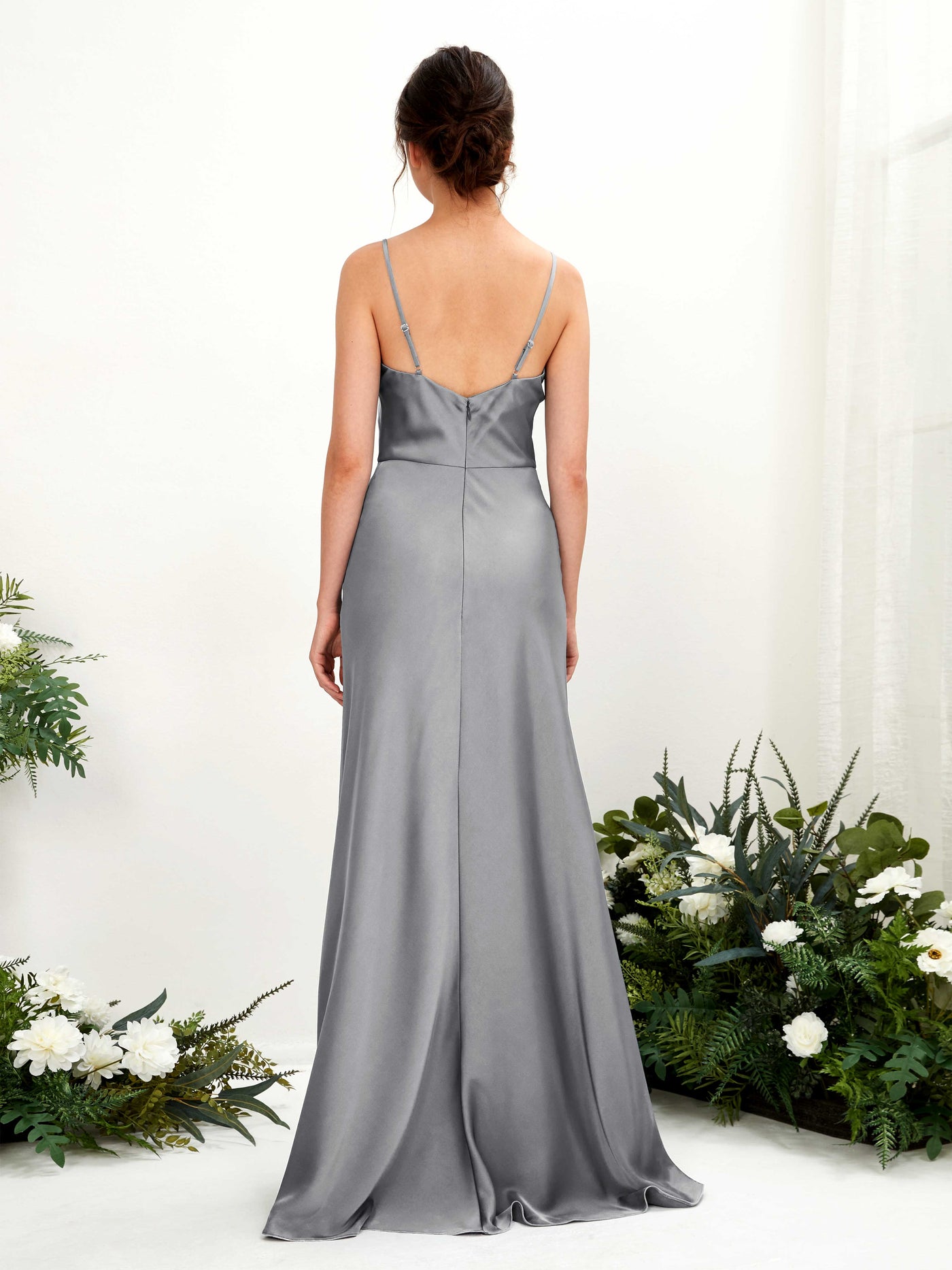 Carlyna Vestido línea A escote drapeado hasta el suelo dama de honor Gris Acero #color_gris-acero