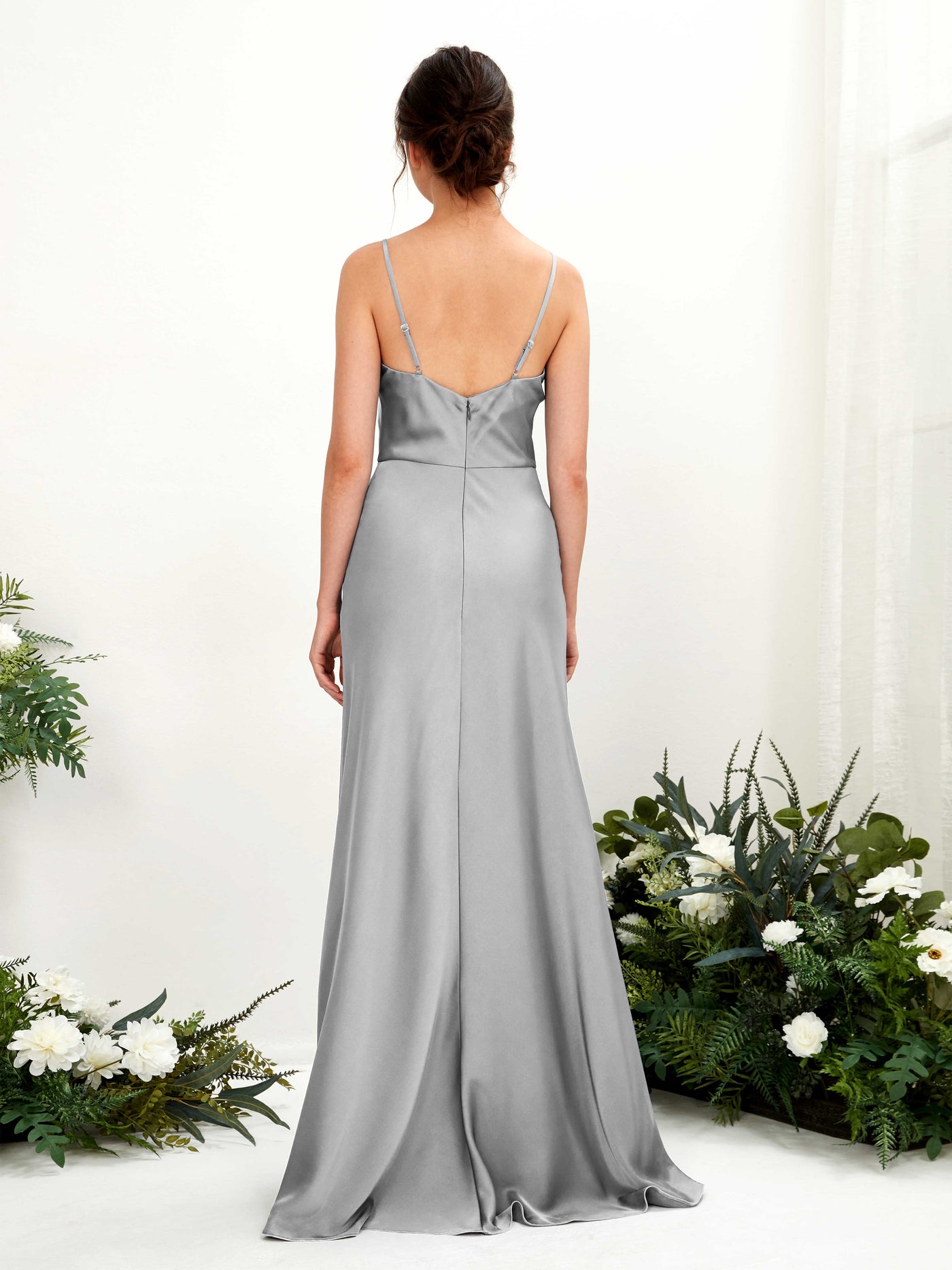 Carlyna Vestido línea A escote drapeado hasta el suelo dama de honor Gris Paloma #color_gris-paloma