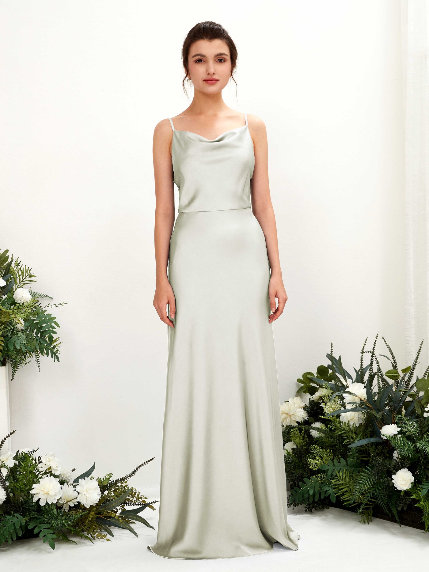 Carlyna Vestido línea A escote drapeado hasta el suelo dama de honor Marfil #color_marfil