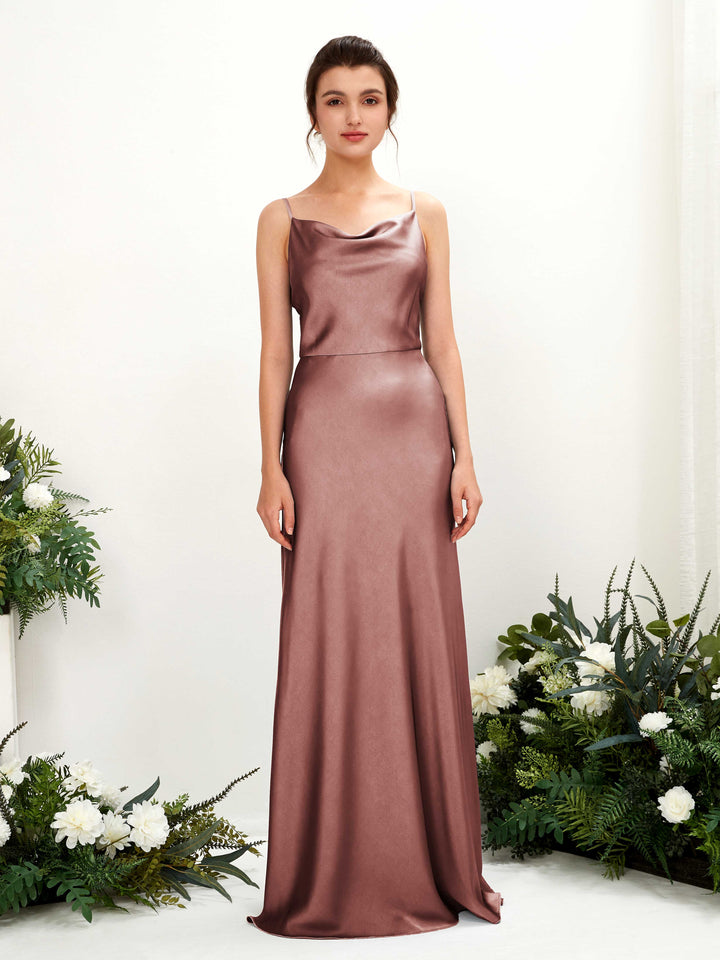 Carlyna Vestido línea A escote drapeado hasta el suelo dama de honor Rosa Del Desierto 
