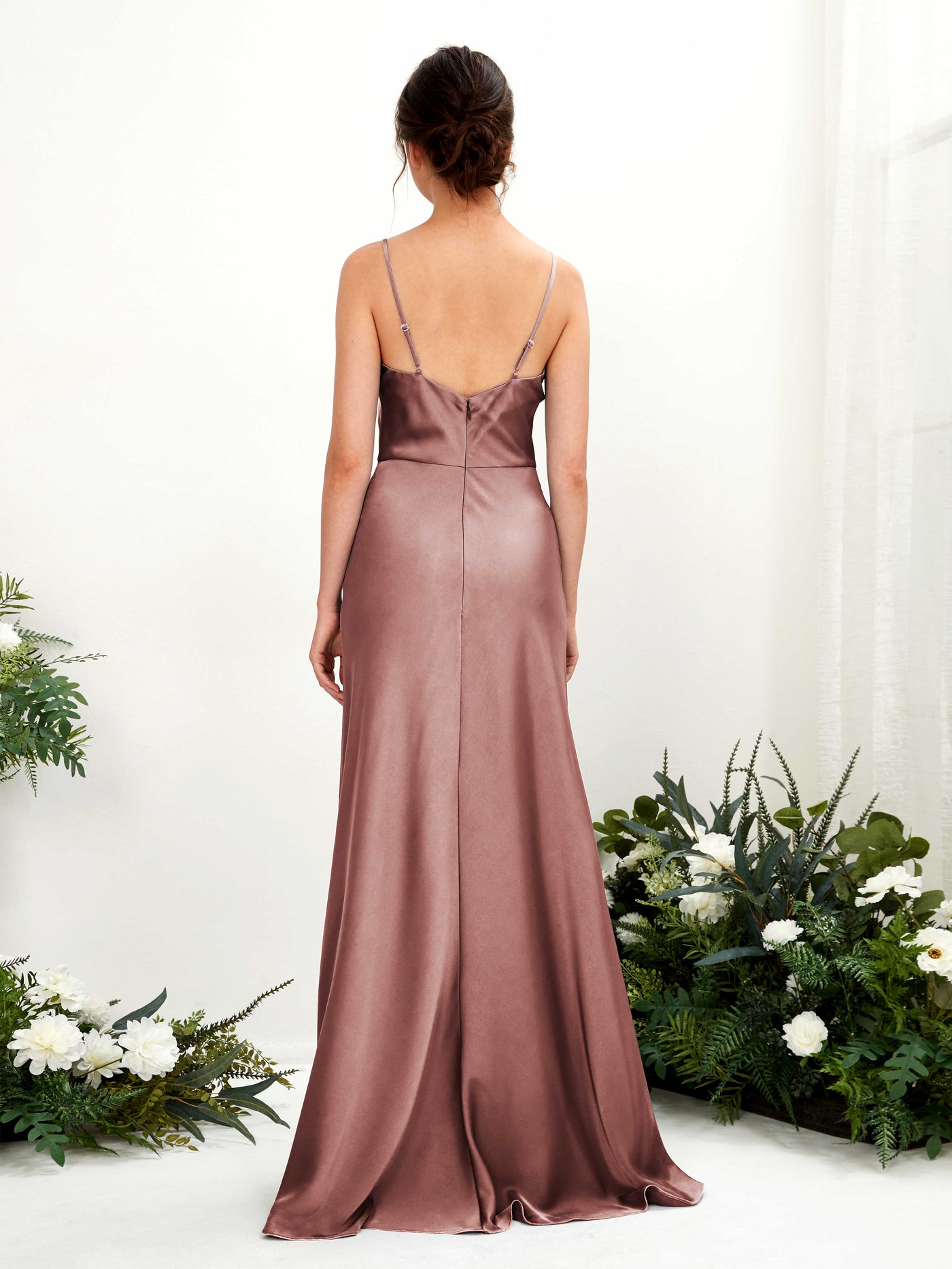 Carlyna Vestido línea A escote drapeado hasta el suelo dama de honor Rosa Del Desierto #color_rosa-del-desierto