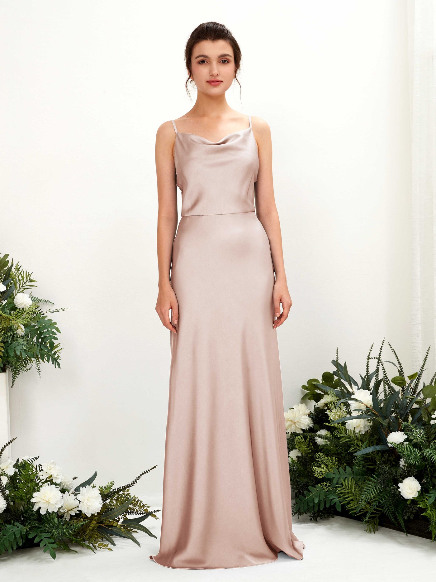 Carlyna Vestido línea A escote drapeado hasta el suelo dama de honor Rosa Perla #color_rosa-perla