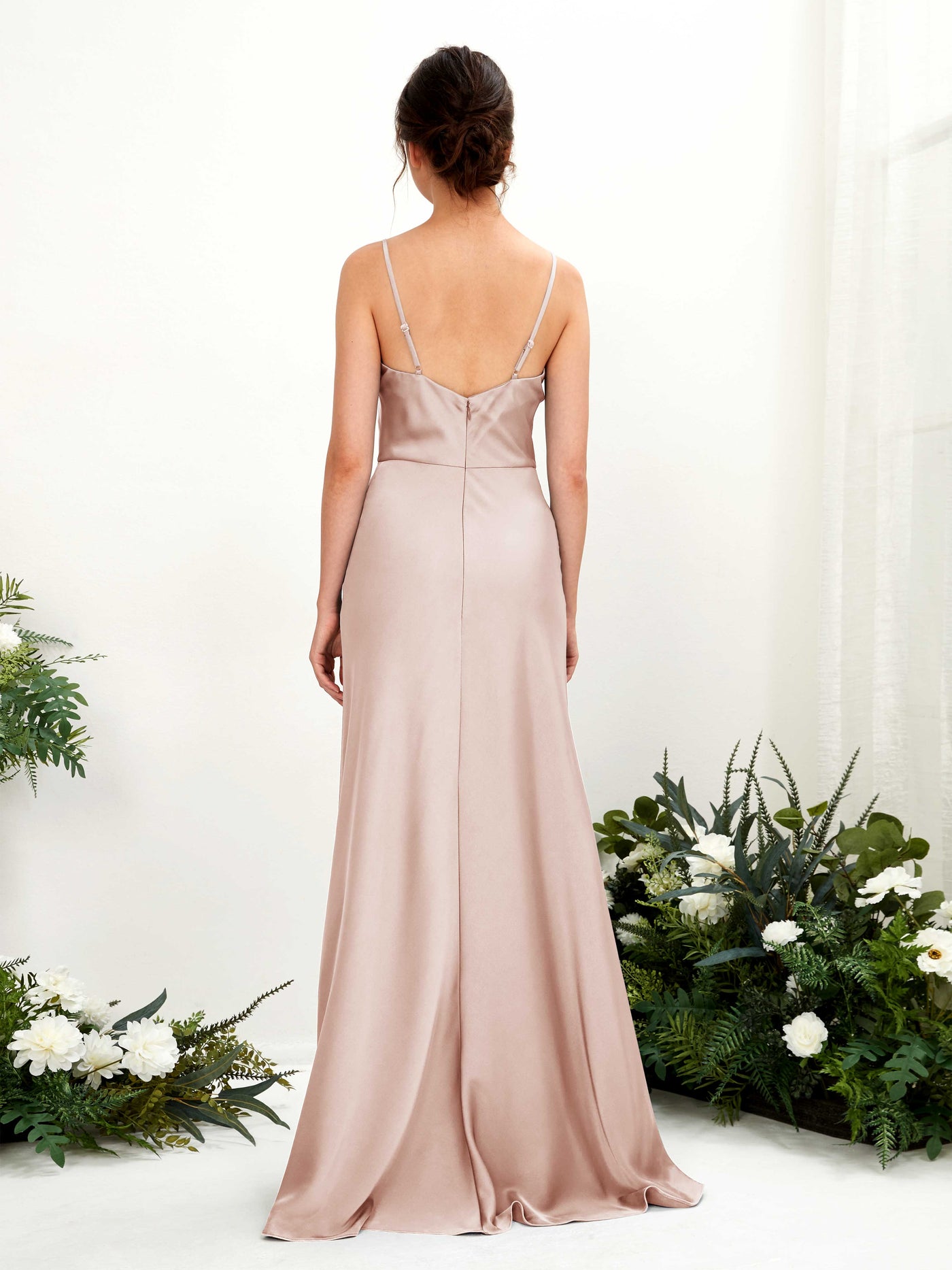 Carlyna Vestido línea A escote drapeado hasta el suelo dama de honor Rosa Perla #color_rosa-perla