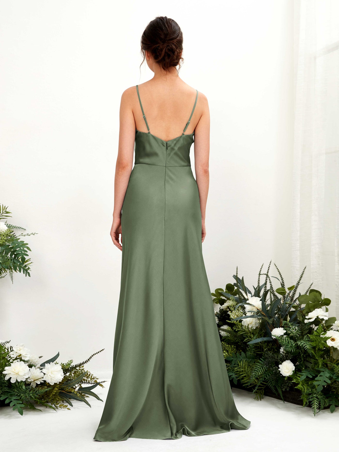 Carlyna Vestido línea A escote drapeado hasta el suelo dama de honor Verde Oliva #color_verde-oliva