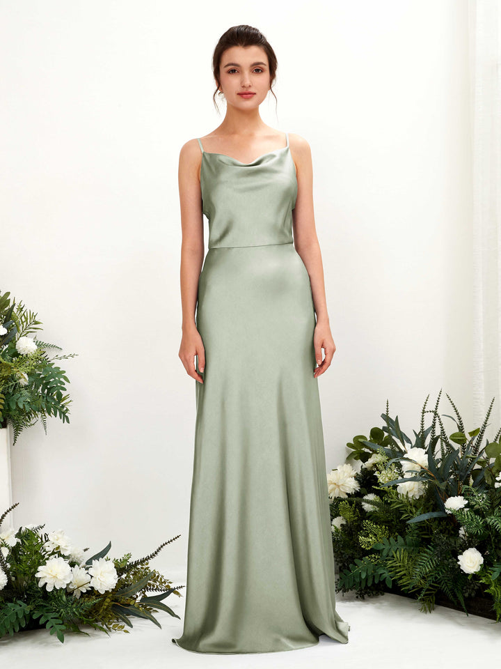 Carlyna Vestido línea A escote drapeado hasta el suelo dama de honor Verde Salvia 