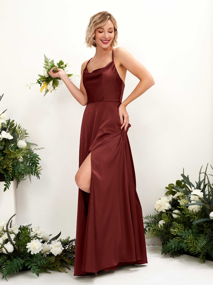 Carlyna Vestido Línea A Escote drapeado Hasta el suelo Vestido de dama de honor Borgoña 