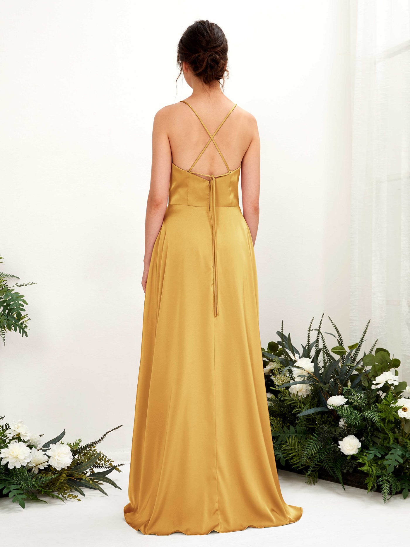 Carlyna Vestido Línea A Escote drapeado Largo hasta el suelo con hendidura Vestido de dama de honor Amarillo Canario #color_amarillo-canario