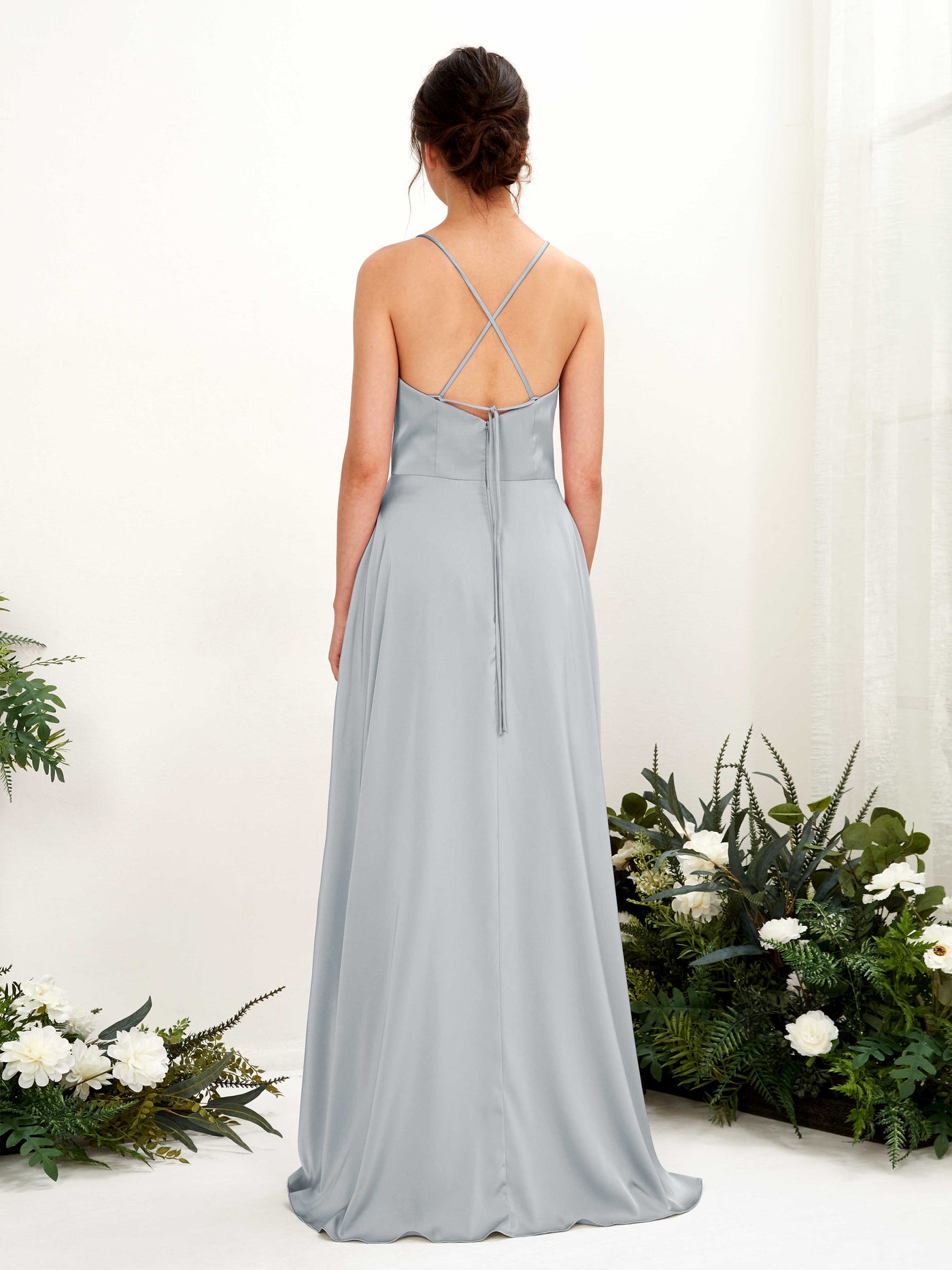 Carlyna Vestido Línea A Escote drapeado Largo hasta el suelo con hendidura Vestido de dama de honor Azul Bebé #color_azul-beb