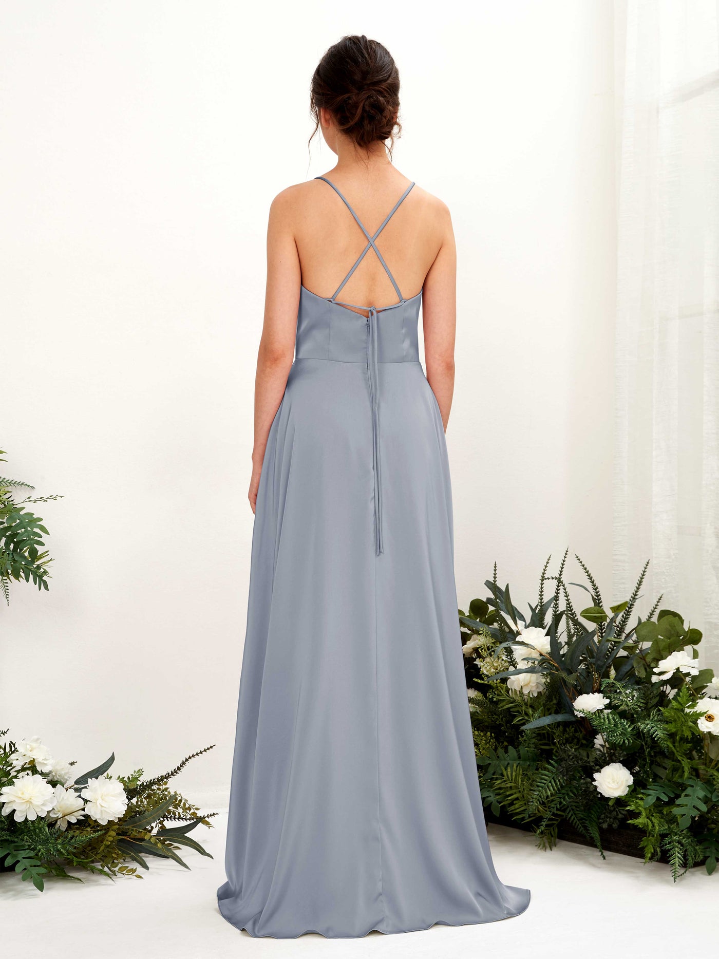 Carlyna Vestido Línea A Escote drapeado Largo hasta el suelo con hendidura Vestido de dama de honor Azul Polvoriento #color_azul-polvoriento