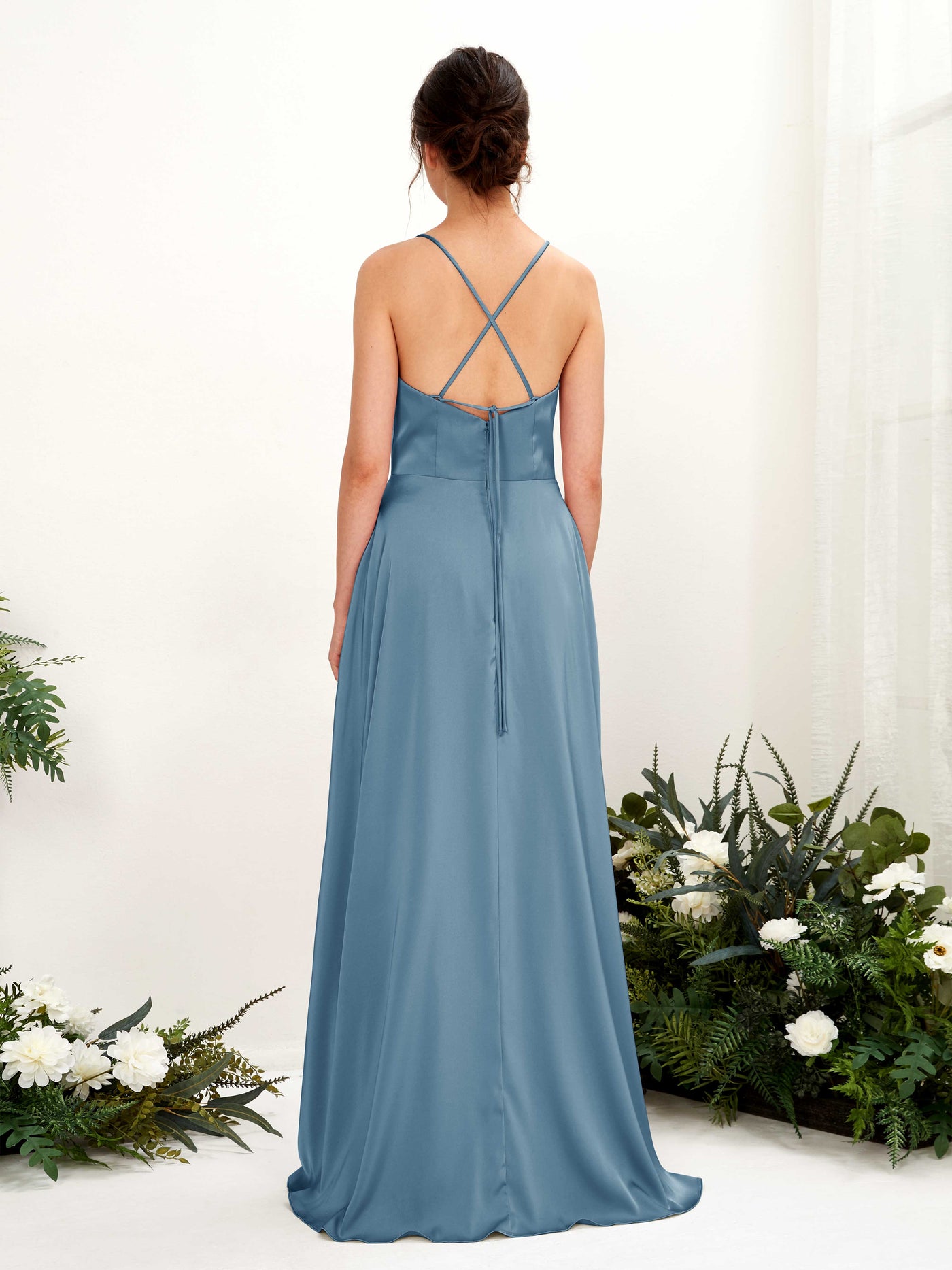 Carlyna Vestido Línea A Escote drapeado Largo hasta el suelo con hendidura Vestido de dama de honor Azul Tinta #color_azul-tinta