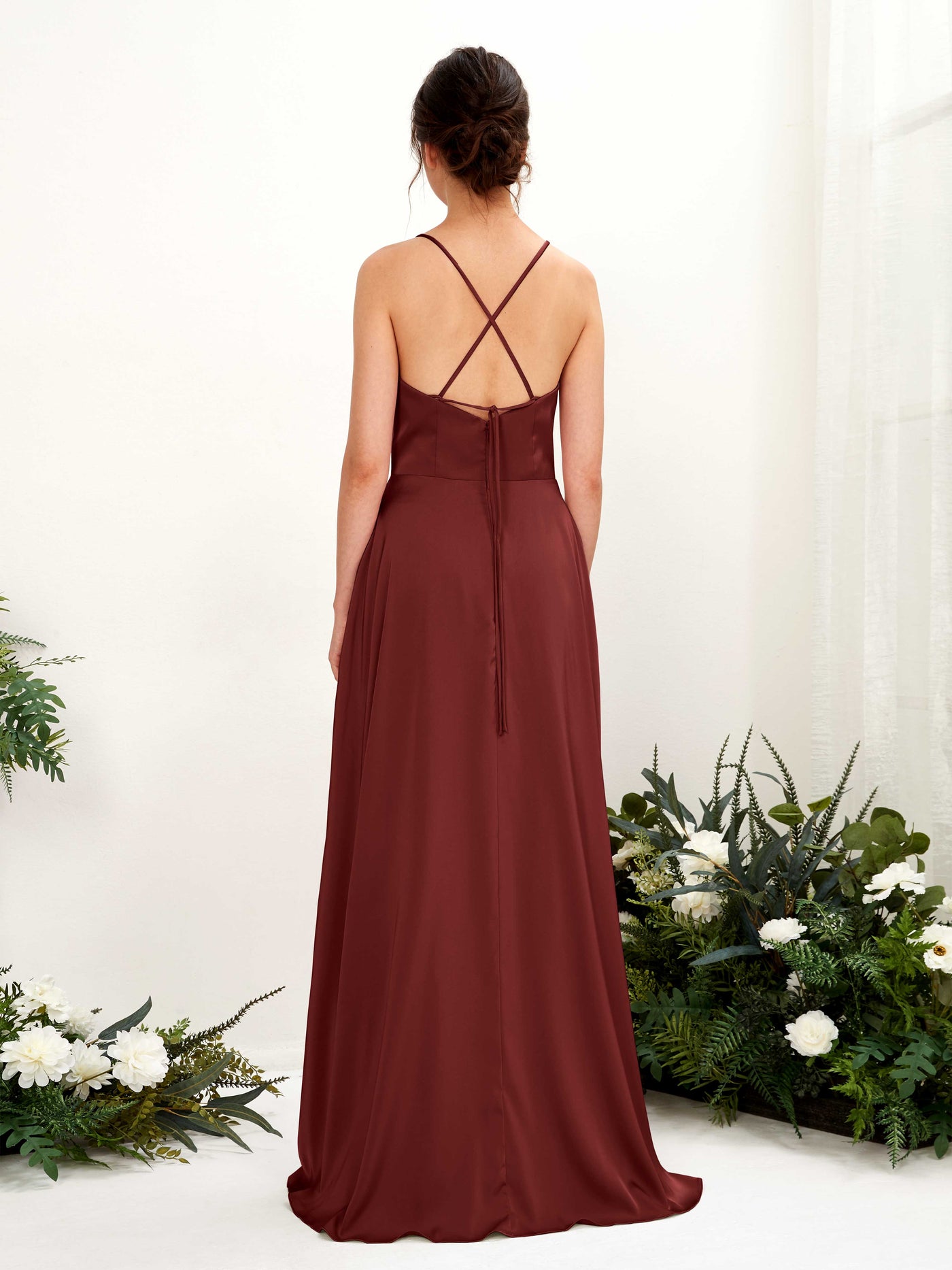 Carlyna Vestido Línea A Escote drapeado Largo hasta el suelo con hendidura Vestido de dama de honor Borgoña #color_borgo-a