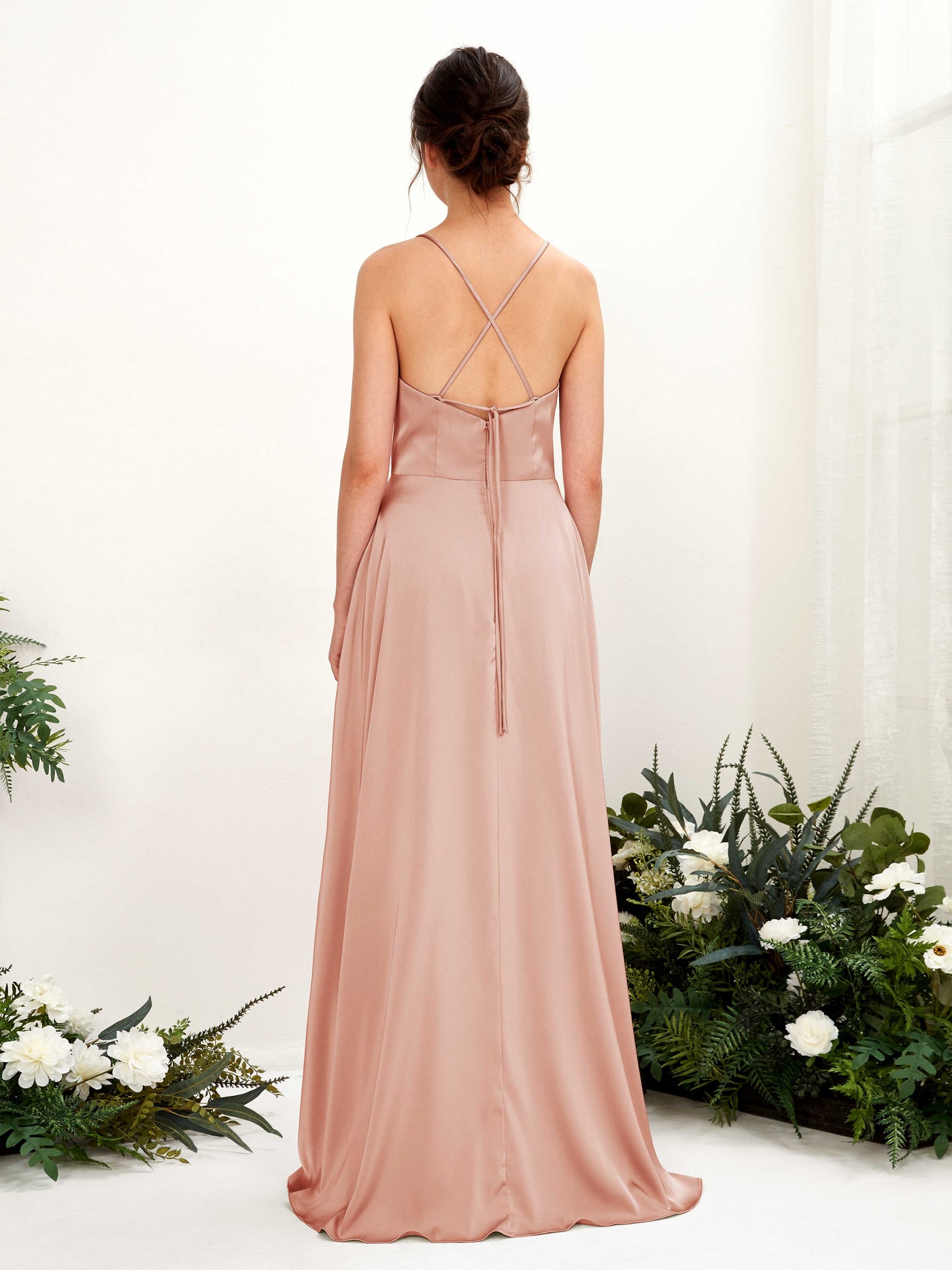 Carlyna Vestido Línea A Escote drapeado Largo hasta el suelo con hendidura Vestido de dama de honor Cantalupo #color_cantalupo