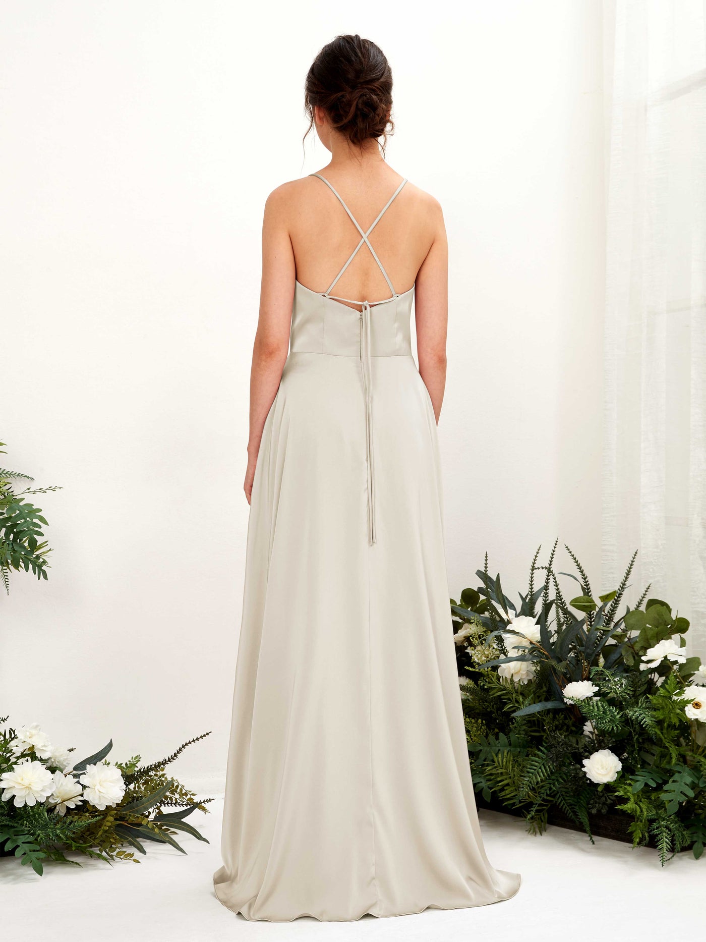 Carlyna Vestido Línea A Escote drapeado Largo hasta el suelo con hendidura Vestido de dama de honor Champán #color_champ-n