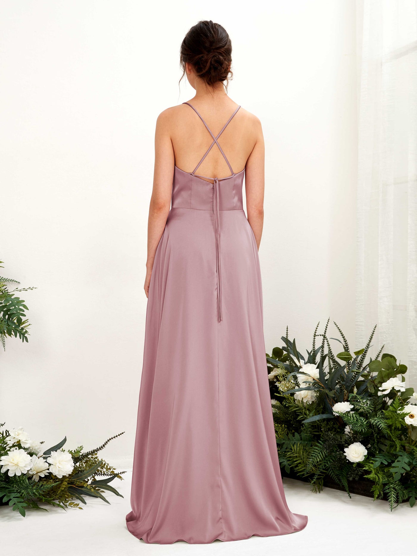 Carlyna Vestido Línea A Escote drapeado Largo hasta el suelo con hendidura Vestido de dama de honor Cuarzo Rosa #color_cuarzo-rosa