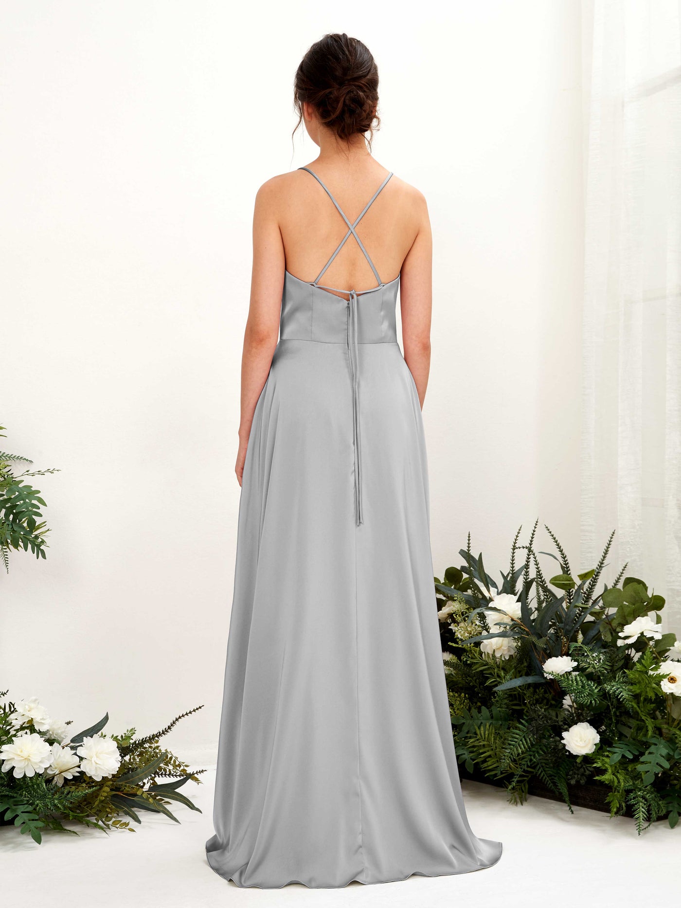Carlyna Vestido Línea A Escote drapeado Largo hasta el suelo con hendidura Vestido de dama de honor Gris Paloma #color_gris-paloma
