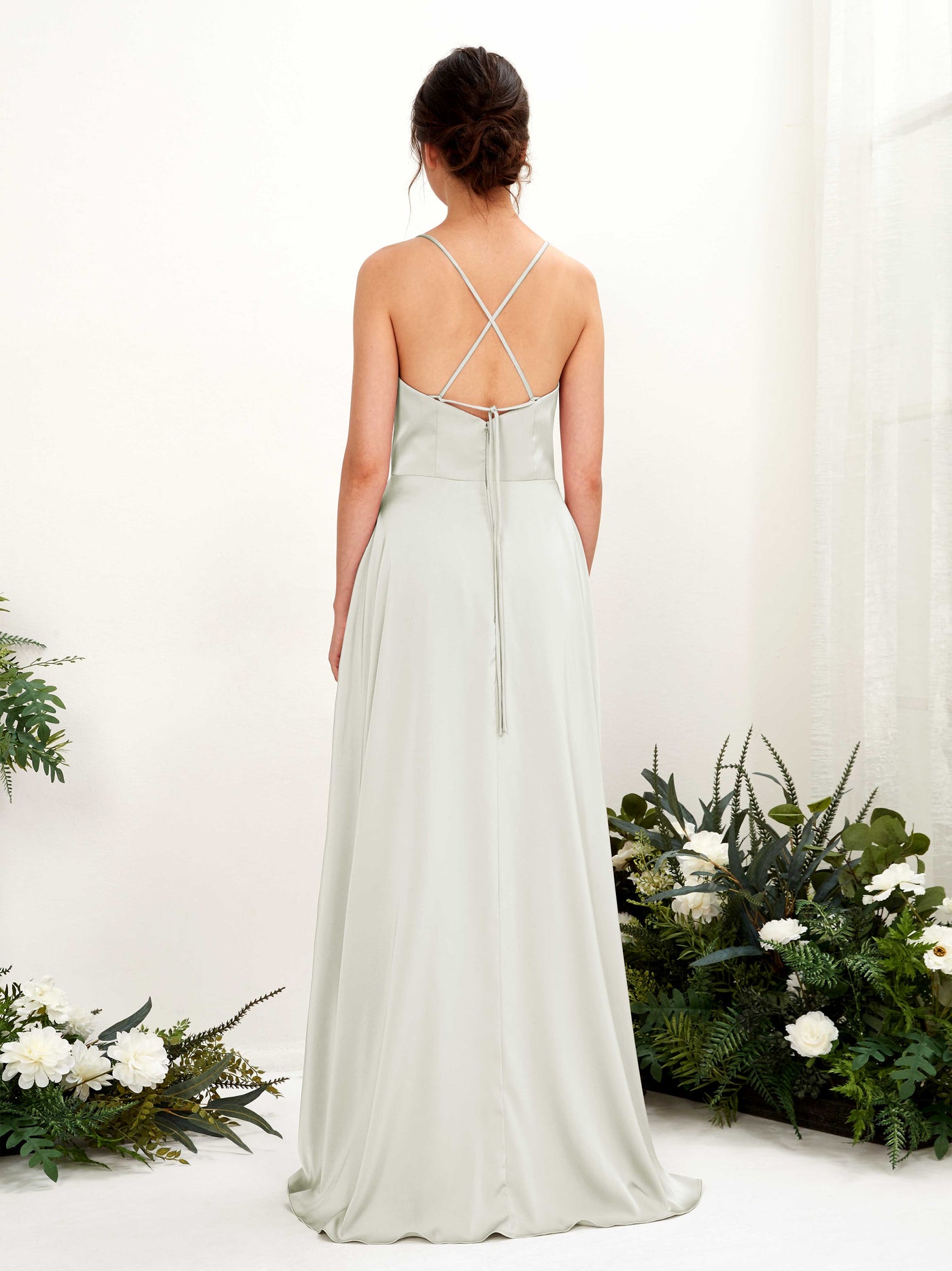 Carlyna Vestido Línea A Escote drapeado Largo hasta el suelo con hendidura Vestido de dama de honor Marfil #color_marfil