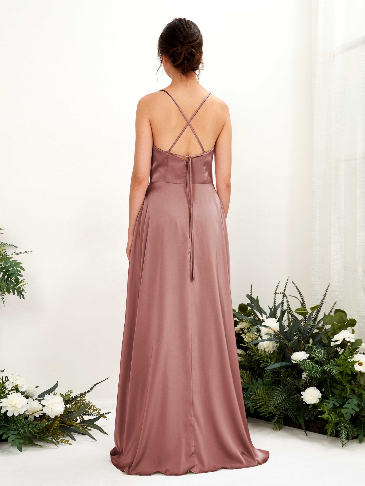 Carlyna Vestido Línea A Escote drapeado Largo hasta el suelo con hendidura Vestido de dama de honor Rosa Del Desierto #color_rosa-del-desierto