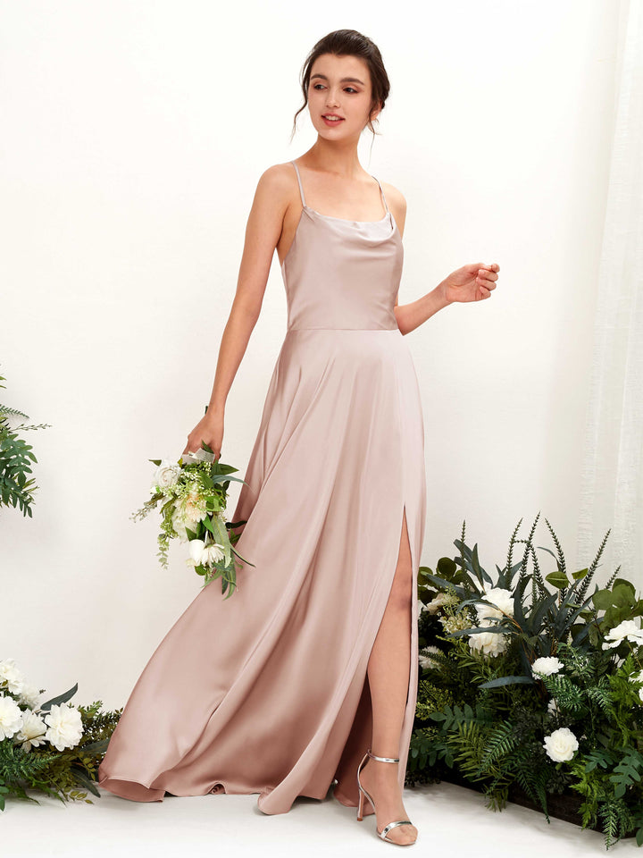 Carlyna Vestido Línea A Escote drapeado Largo hasta el suelo con hendidura Vestido de dama de honor Rosa Perla 