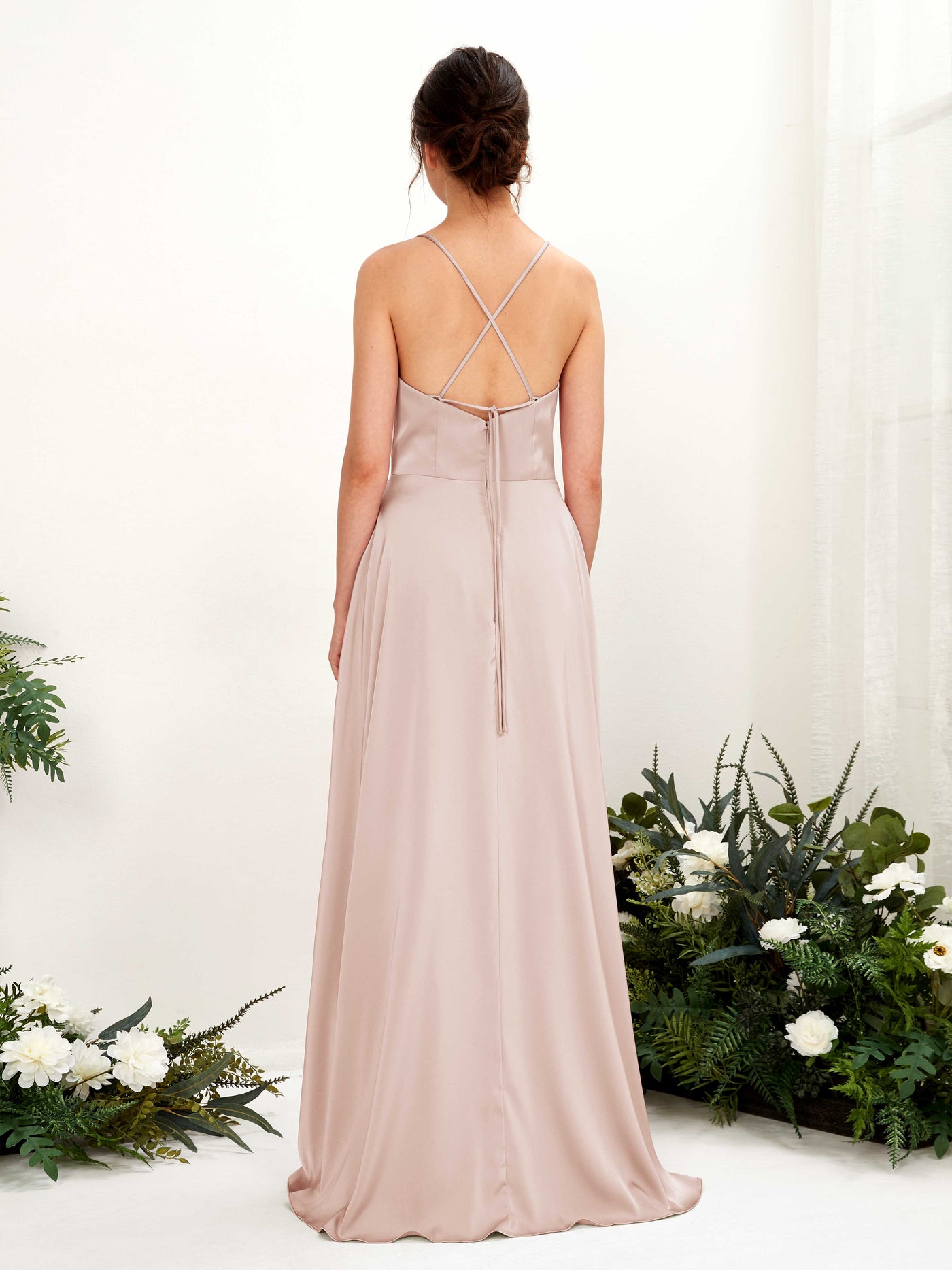 Carlyna Vestido Línea A Escote drapeado Largo hasta el suelo con hendidura Vestido de dama de honor Rosa Perla #color_rosa-perla