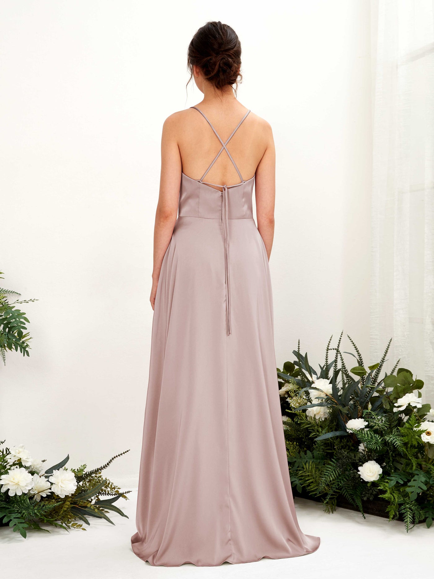 Carlyna Vestido Línea A Escote drapeado Largo hasta el suelo con hendidura Vestido de dama de honor Rosa Polvorienta #color_rosa-polvorienta