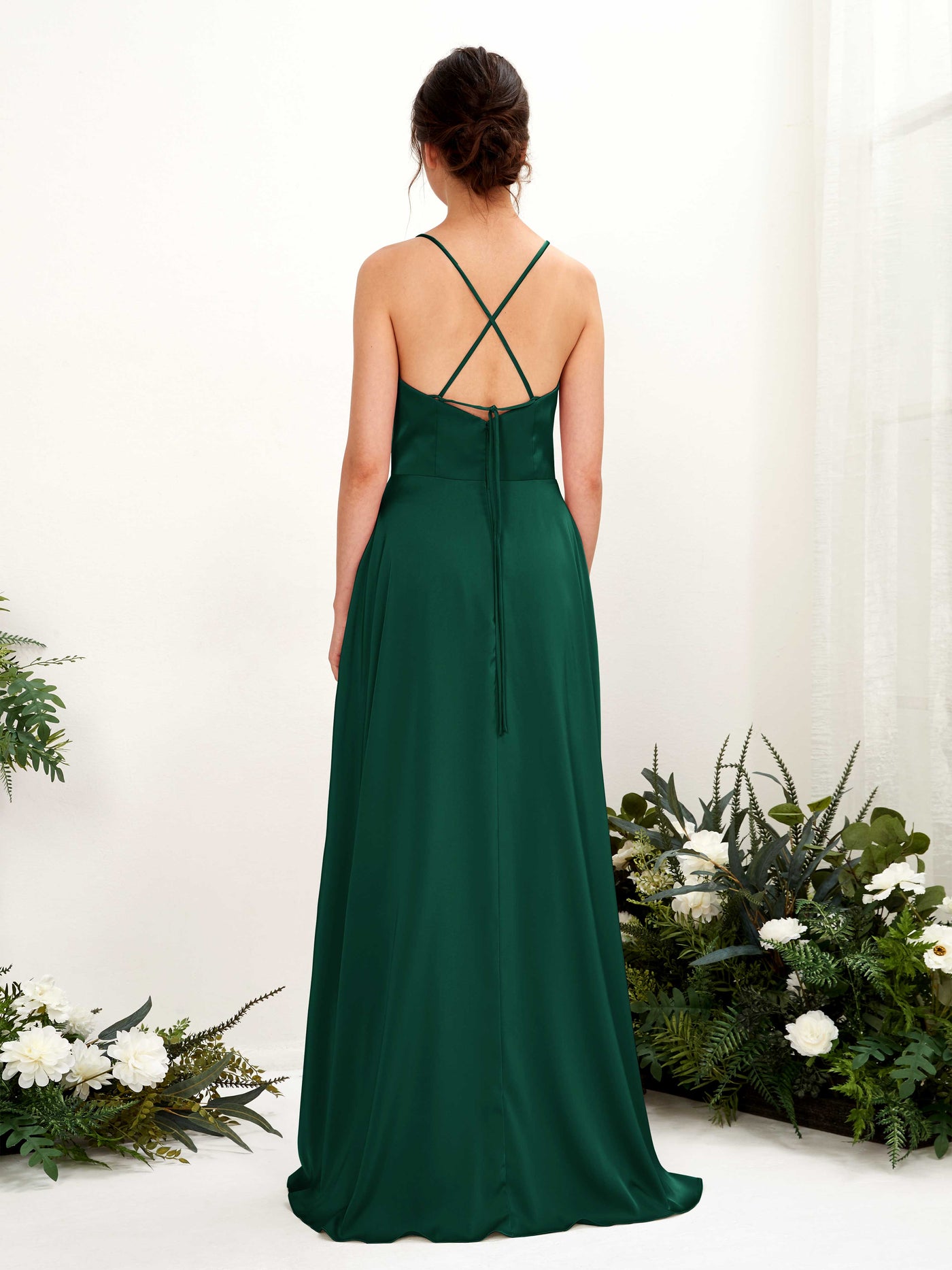 Carlyna Vestido Línea A Escote drapeado Largo hasta el suelo con hendidura Vestido de dama de honor Verde Militer #color_verde-militer