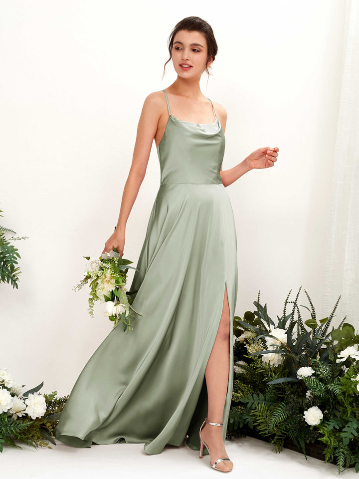 Carlyna Vestido Línea A Escote drapeado Largo hasta el suelo con hendidura Vestido de dama de honor Verde Salvia 