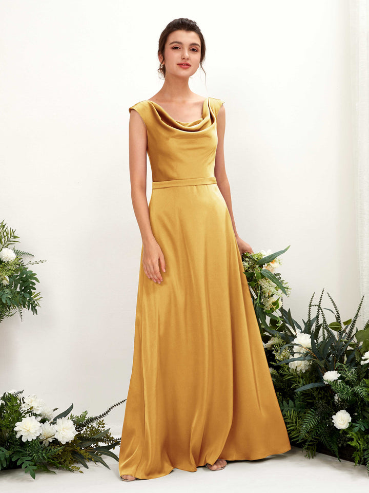Carlyna Vestido línea A escote drapeado satén hasta el suelo dama de honor Amarillo Canario 