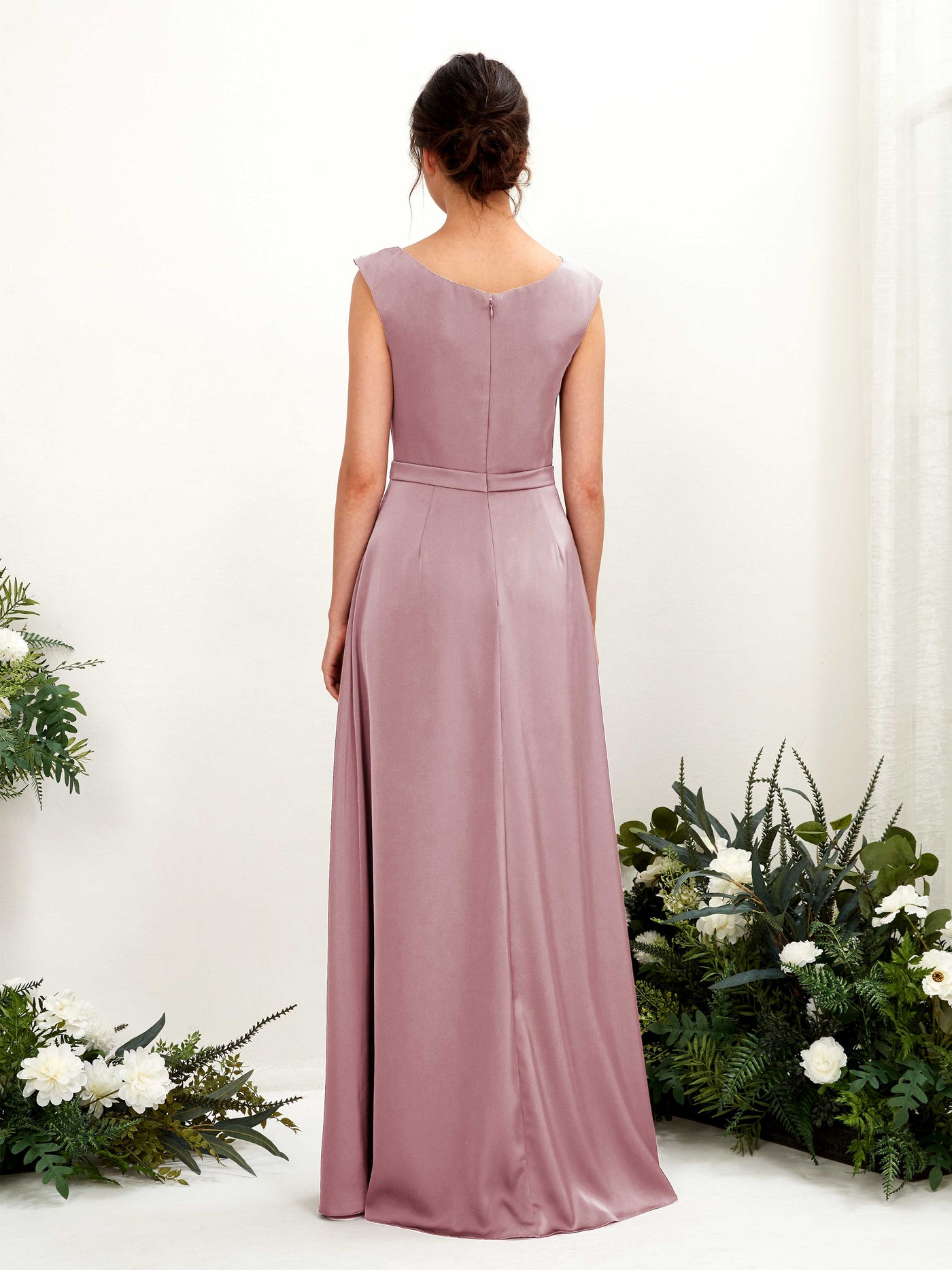 Carlyna Vestido línea A escote drapeado satén hasta el suelo dama de honor Cuarzo Rosa #color_cuarzo-rosa