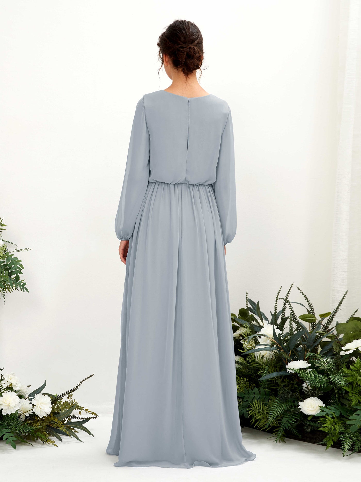 Carlyna Vestido línea A escote en V abertura pierna manga larga hasta el suelo dama de honor Azul Empolvado Mejorado #color_azul-empolvado-mejorado