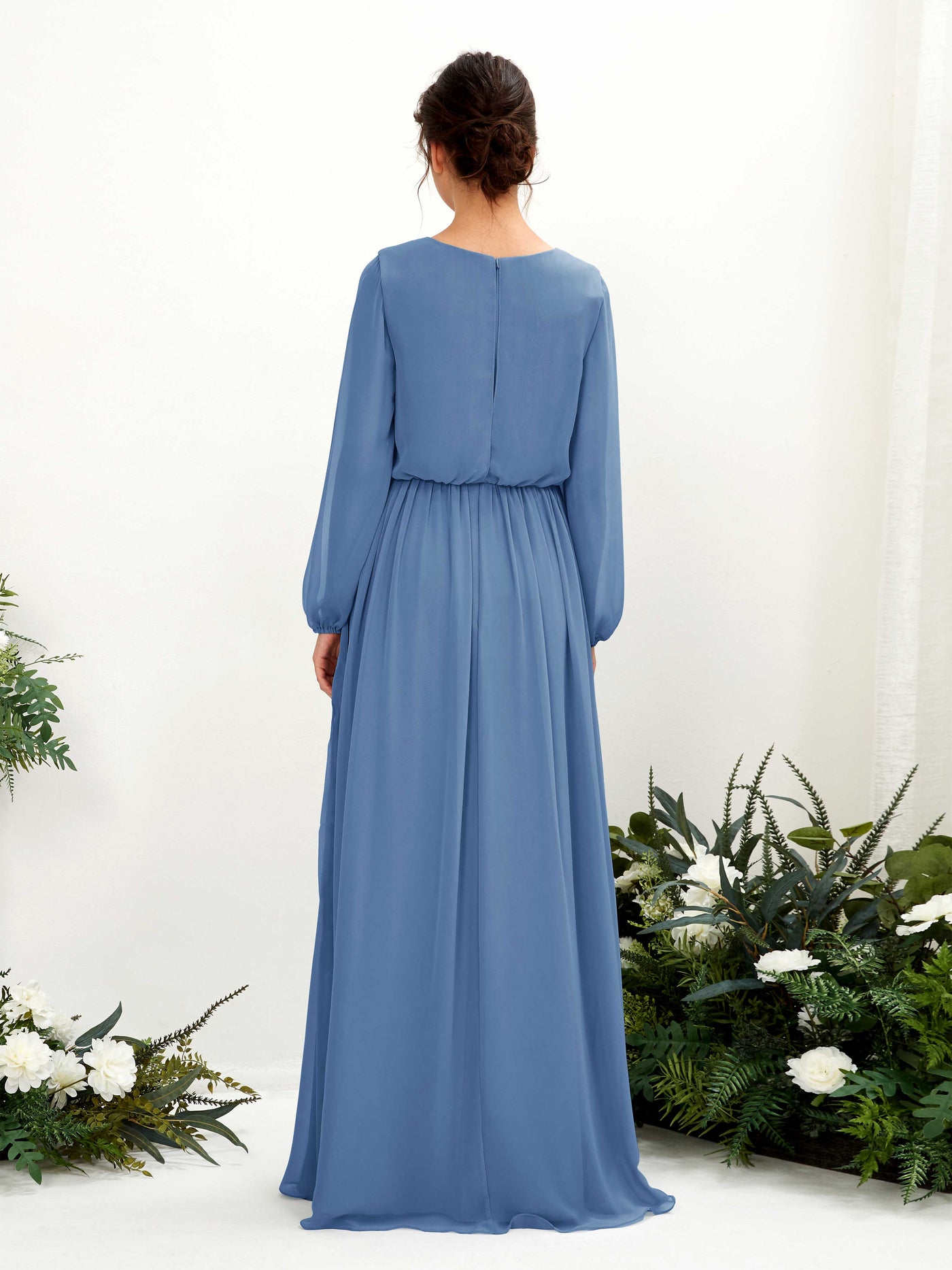 Carlyna Vestido línea A escote en V abertura pierna manga larga hasta el suelo dama de honor Azul polvoriento #color_azul-polvoriento